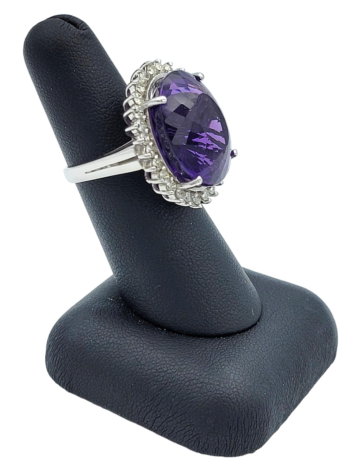20.35 Carat Oval Amethyst and Diamond Halo Cocktail Ring in 14 Karat White Gold For Sale 4