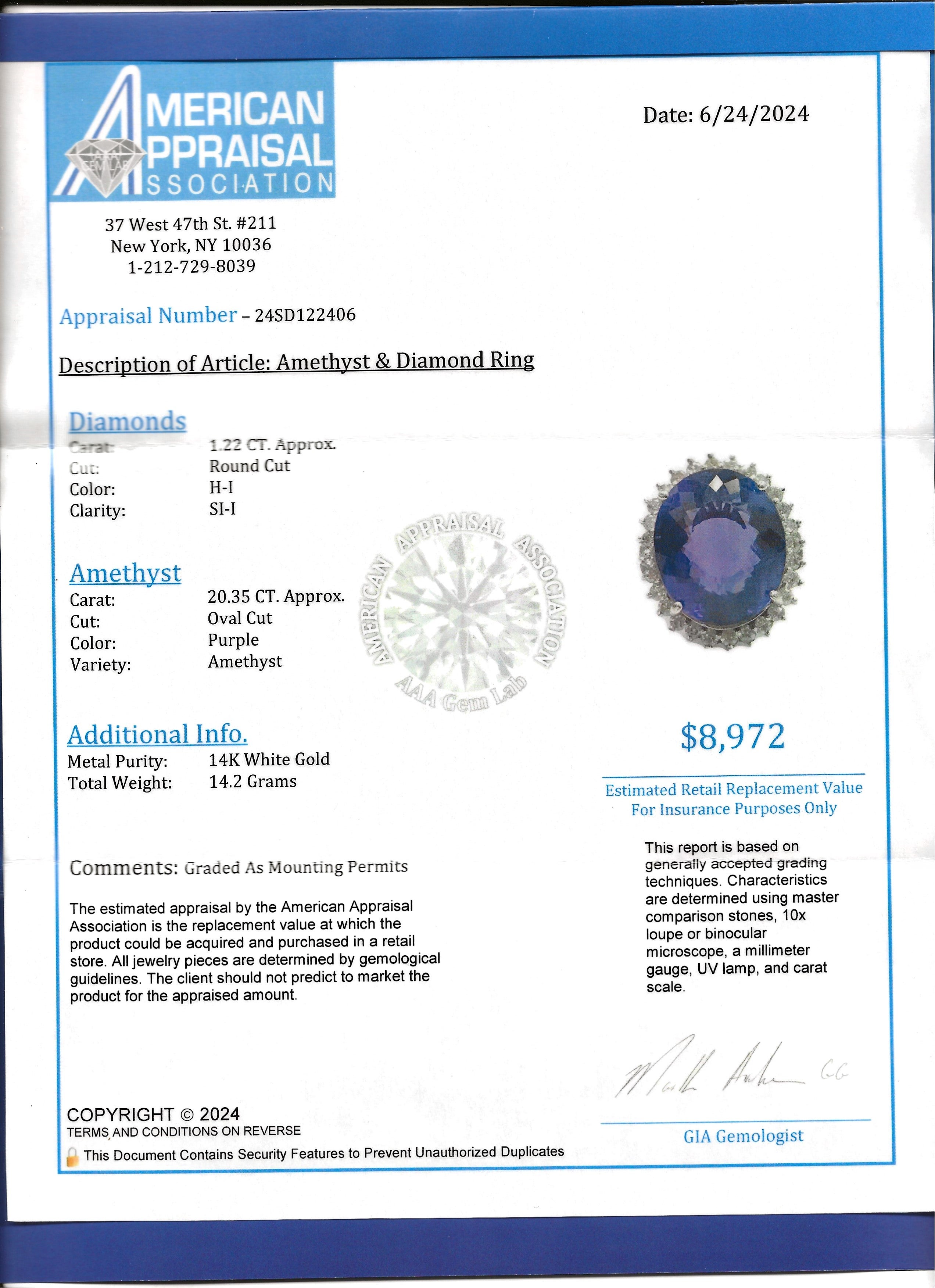 20.35 Carat Oval Amethyst and Diamond Halo Cocktail Ring in 14 Karat White Gold For Sale 5