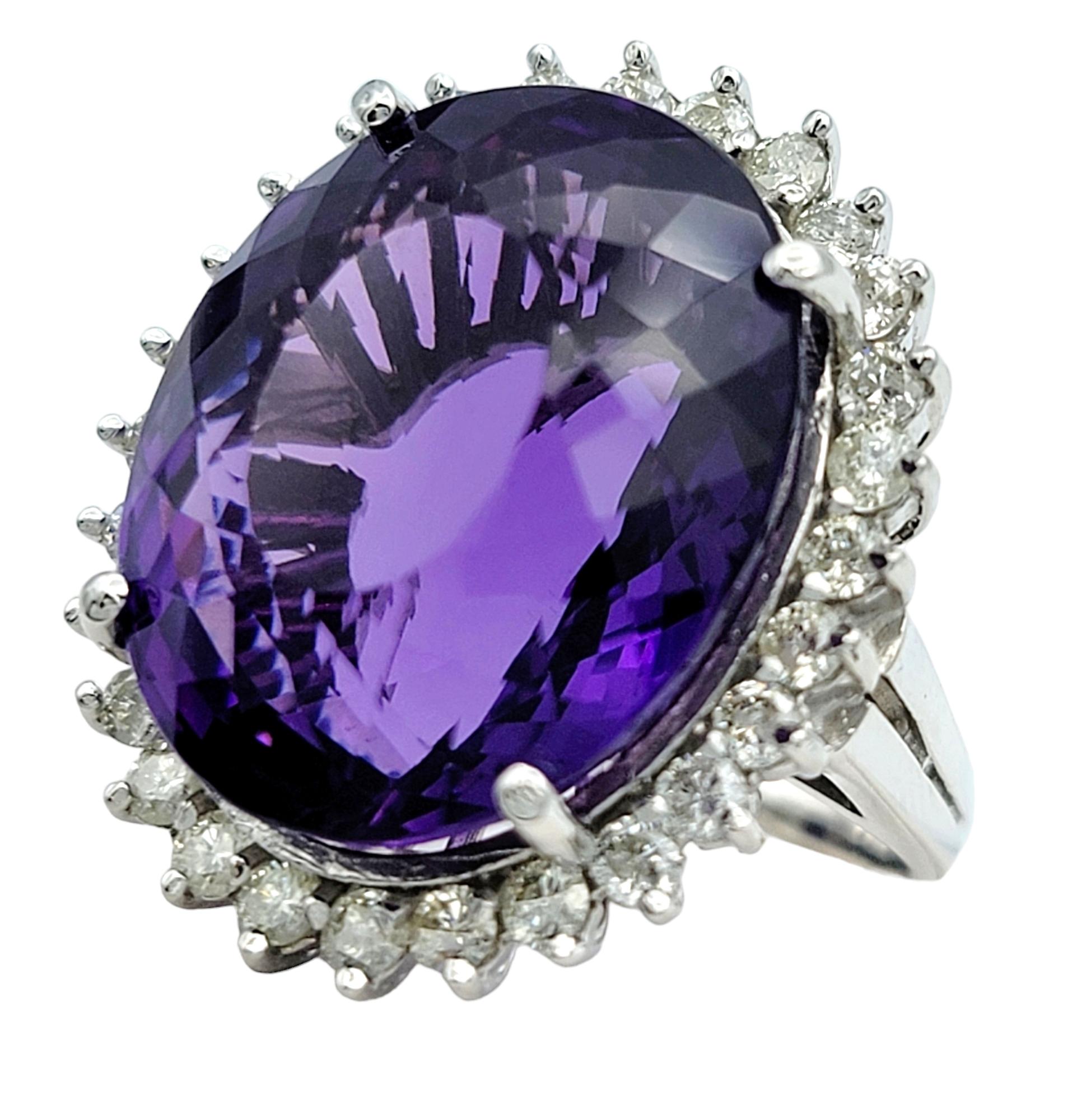Contemporary 20.35 Carat Oval Amethyst and Diamond Halo Cocktail Ring in 14 Karat White Gold For Sale