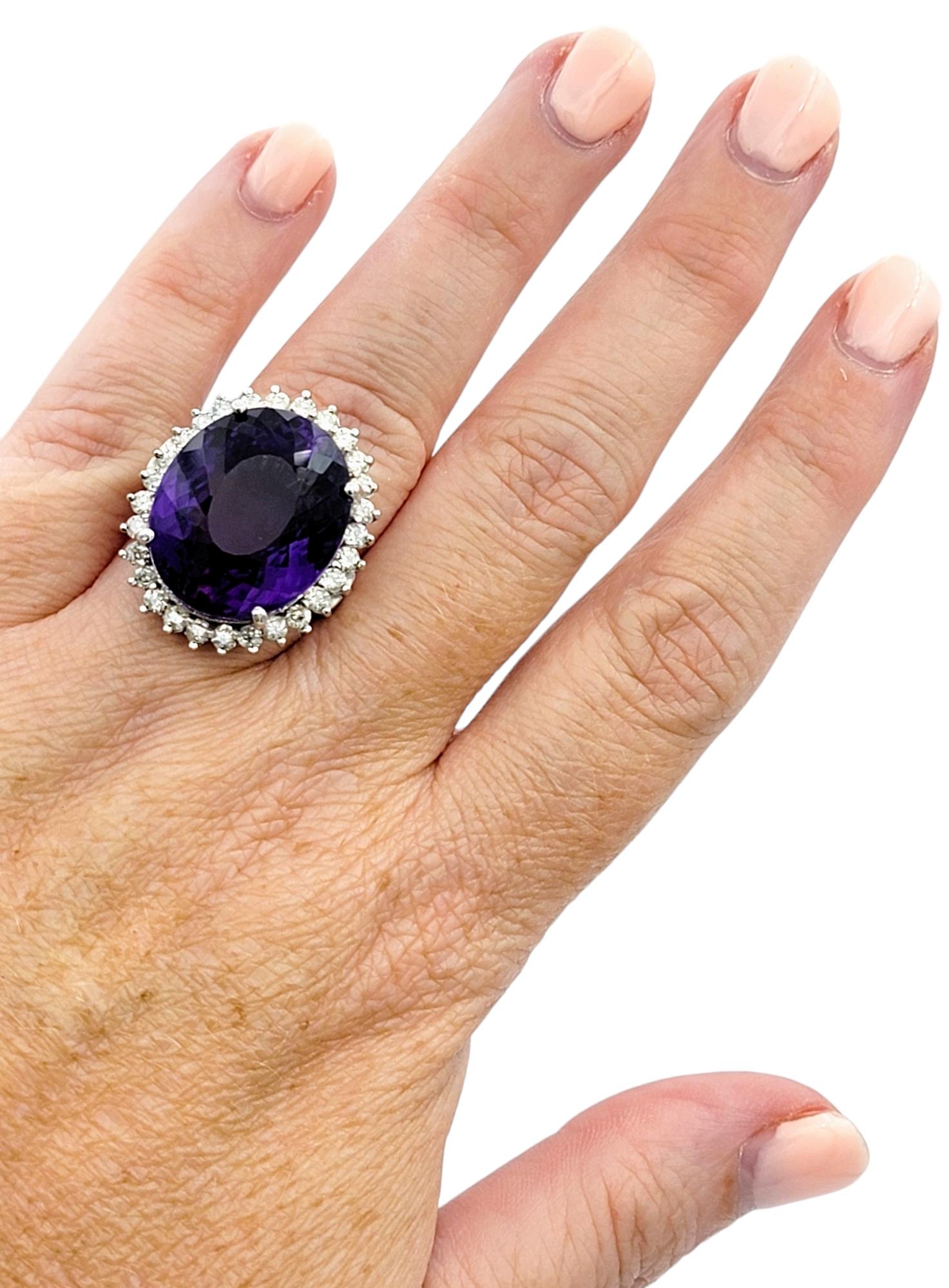 20.35 Carat Oval Amethyst and Diamond Halo Cocktail Ring in 14 Karat White Gold For Sale 1