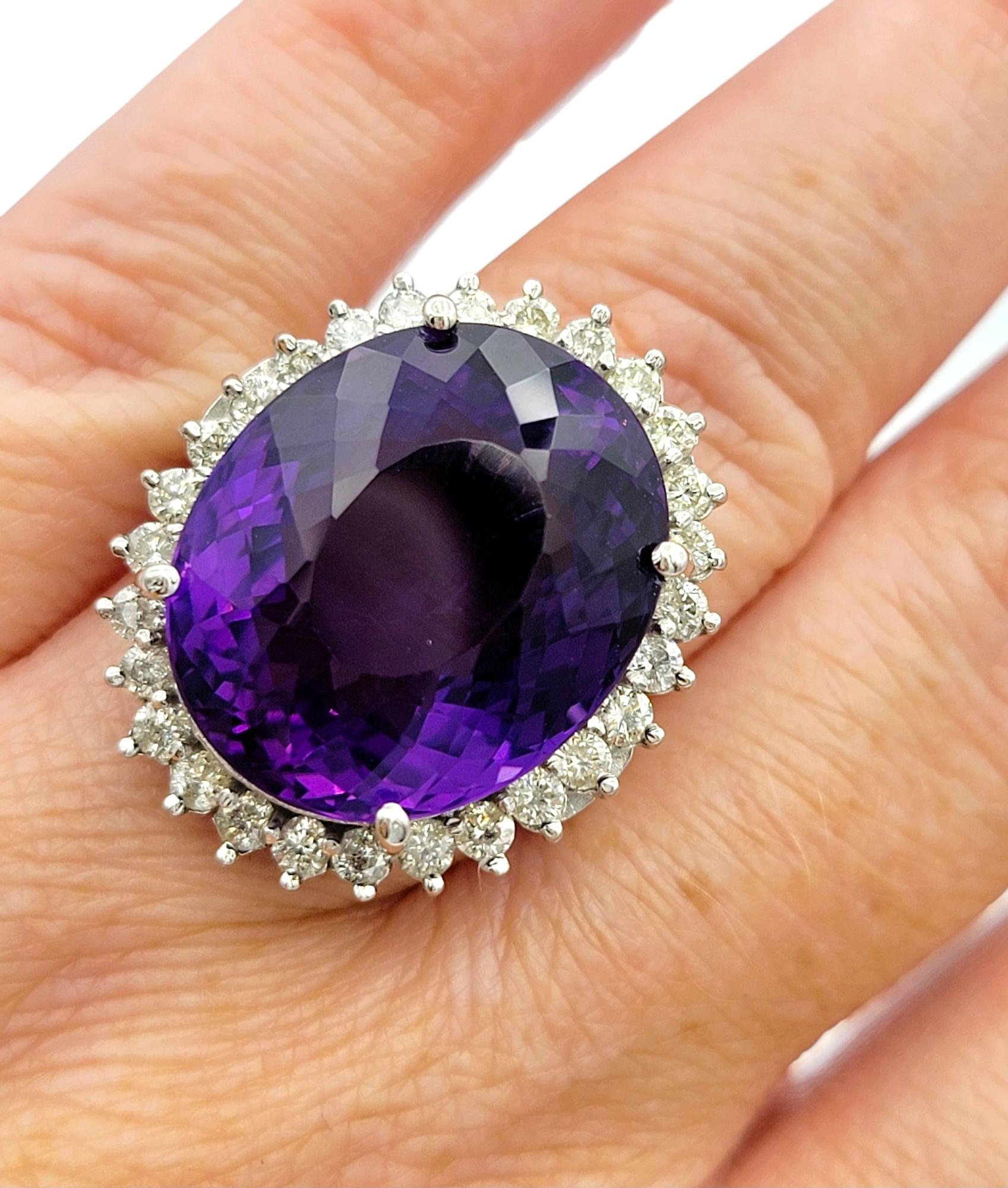 20.35 Carat Oval Amethyst and Diamond Halo Cocktail Ring in 14 Karat White Gold For Sale 2