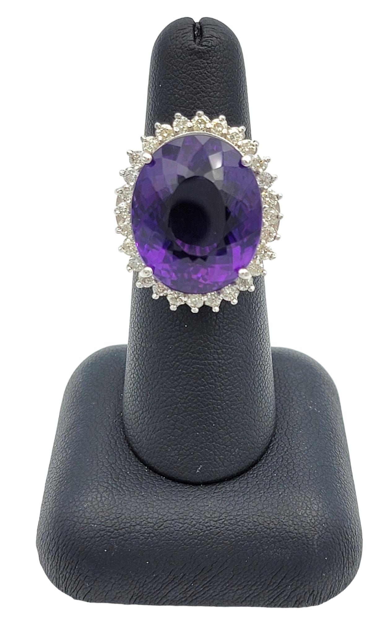 20.35 Carat Oval Amethyst and Diamond Halo Cocktail Ring in 14 Karat White Gold For Sale 3
