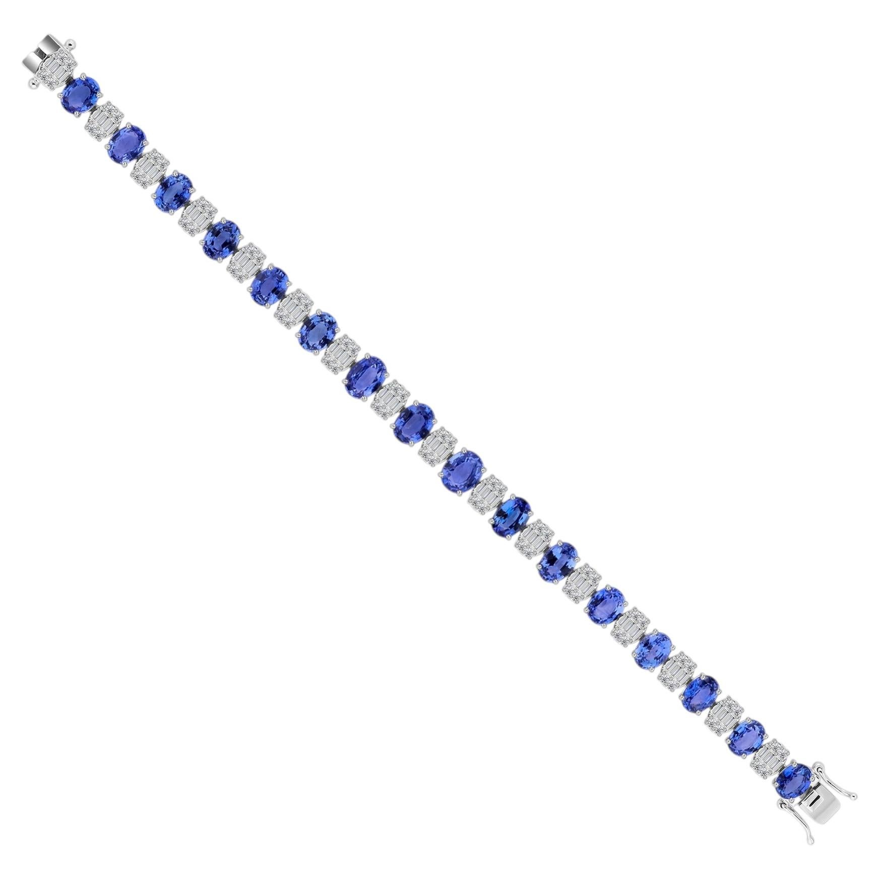 20.35 Carat Oval Blue Sapphire Natural Diamond Tennis Bracelet 18K White Gold For Sale