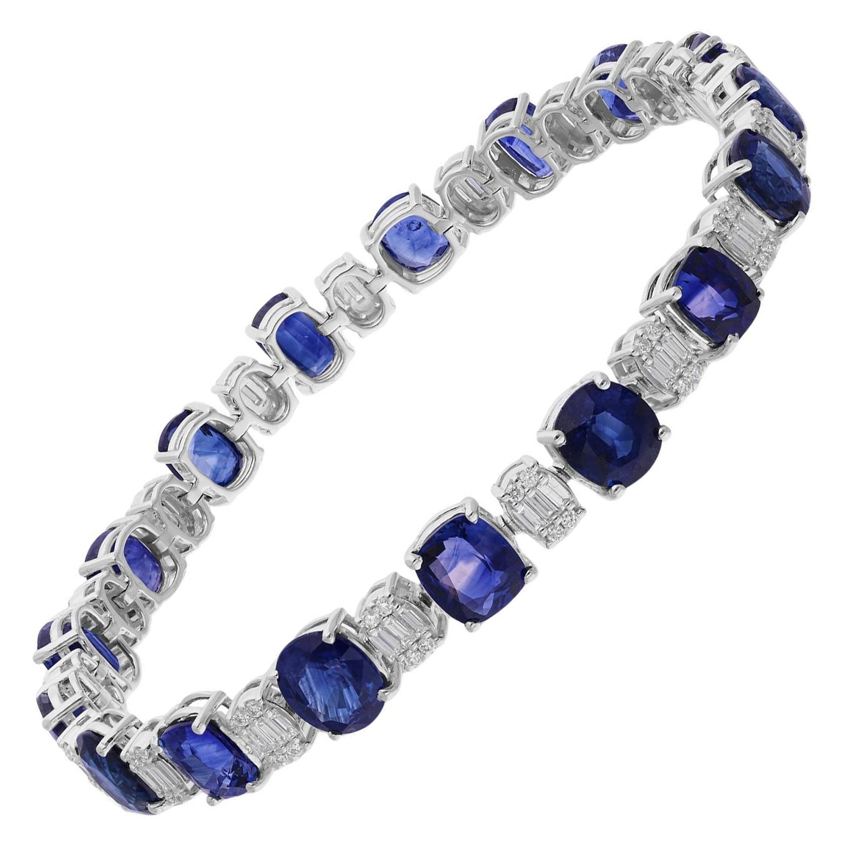 20.36ct Blue Sapphire 1.31ct SI/H Diamond Tennis Bracelet 14 Karat White Gold
