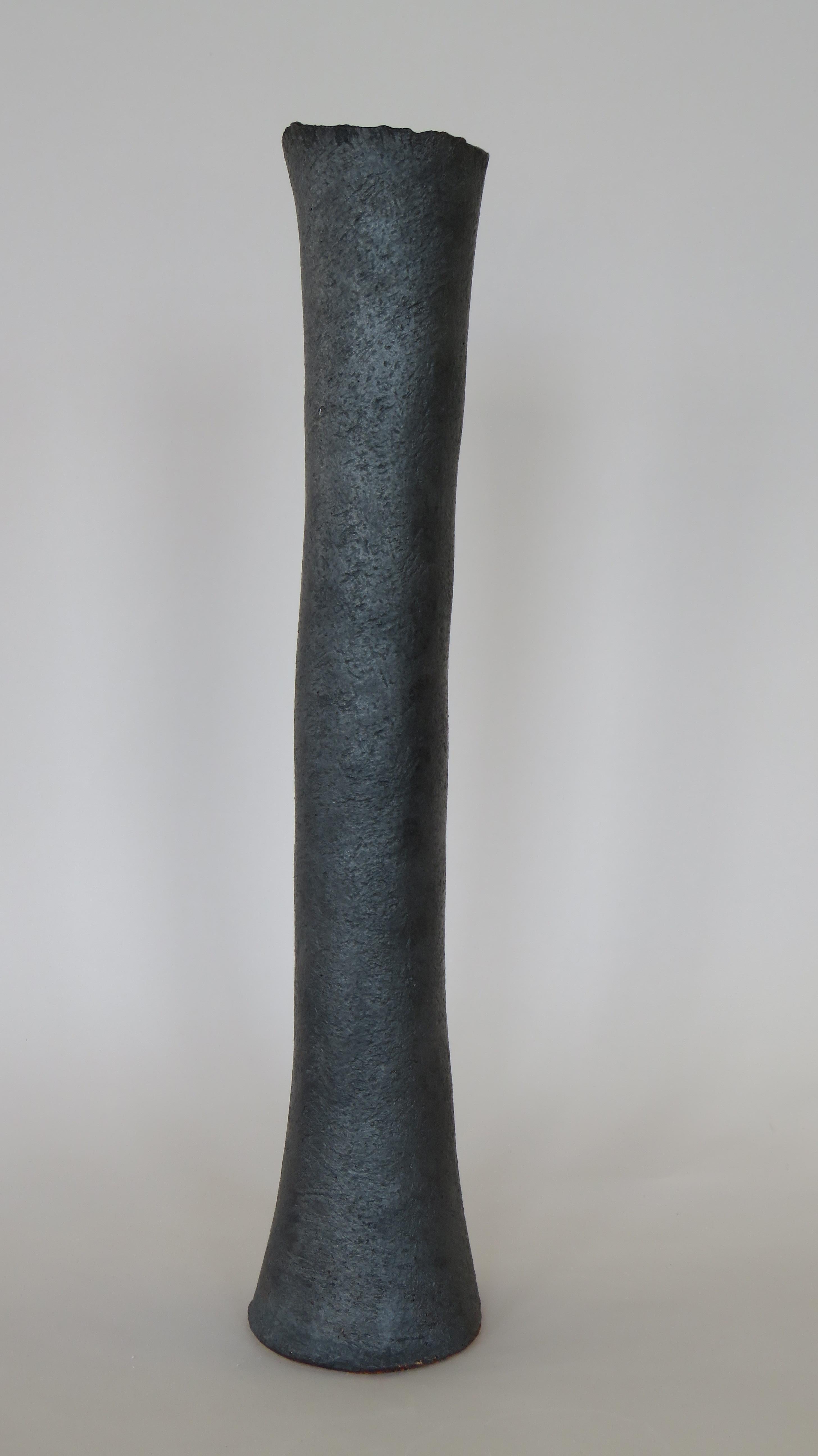 Hand-Crafted Tubular Metallic Black Stoneware Vase, 20 3/4 Inches Tall