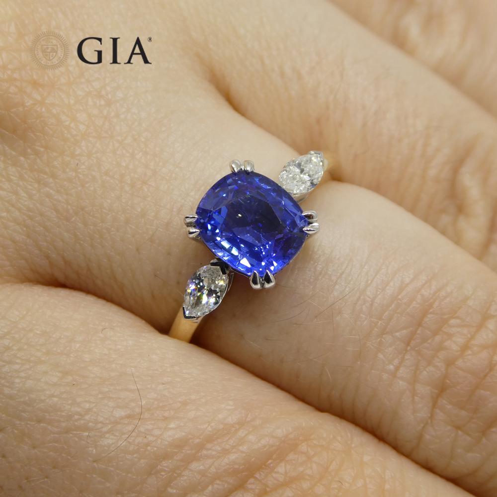 Contemporary 2.03ct Cushion Blue Sapphire, Diamond Engagement Ring set in 18k Yellow and Whit