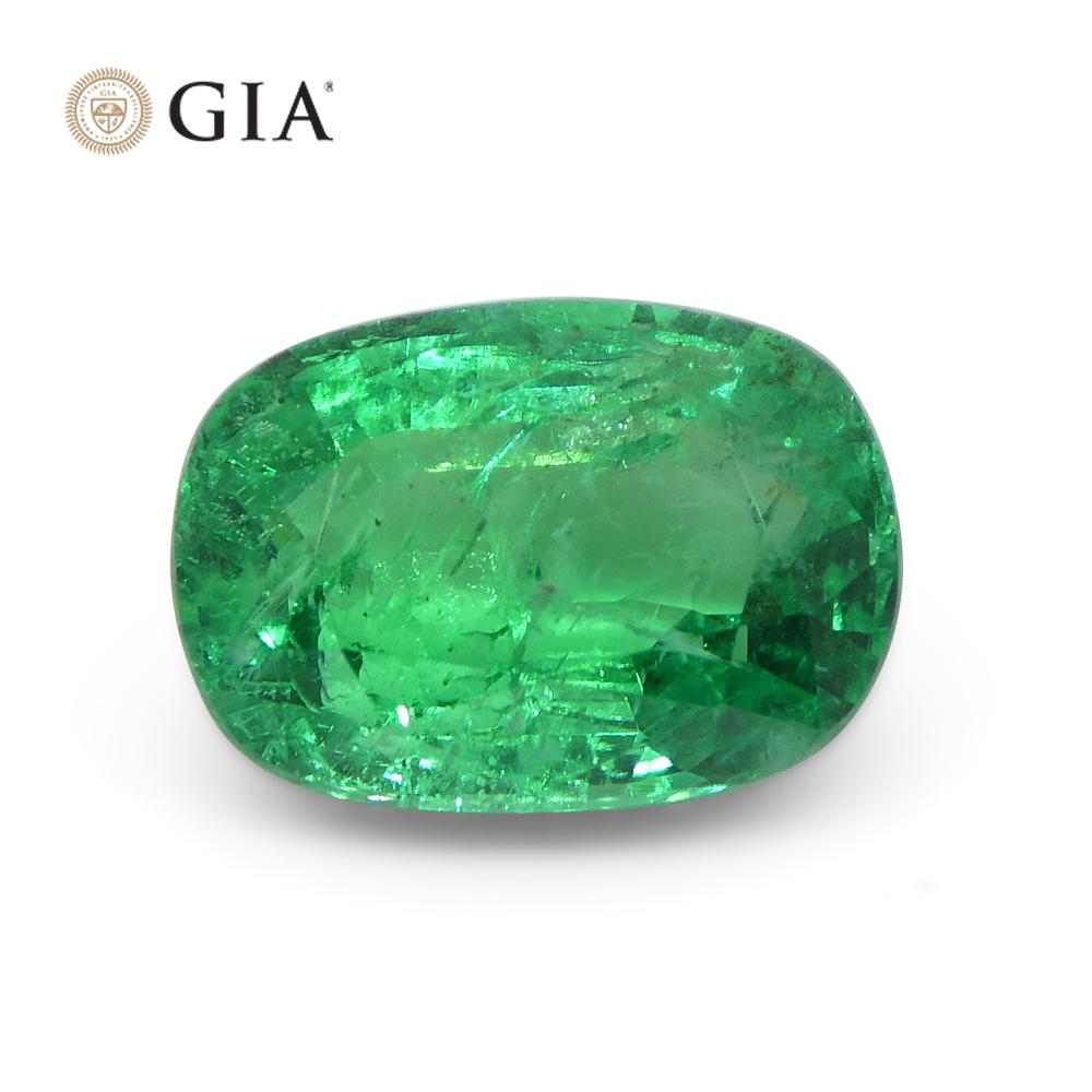 Women's or Men's 2.03ct Cushion Green Emerald GIA Certified Zambia For Sale