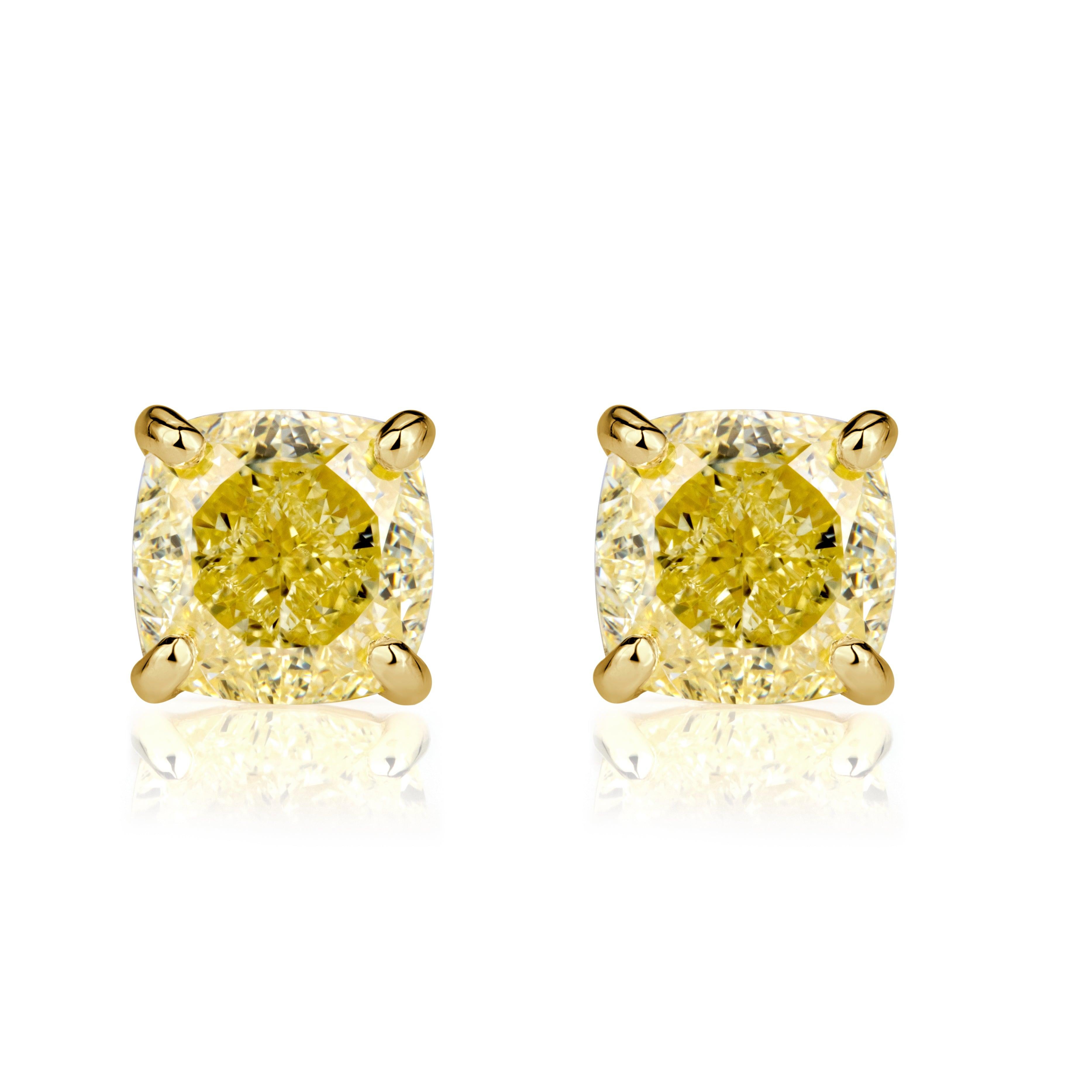 2.03ct Fancy Yellow Cushion Cut Diamond Stud Earrings For Sale