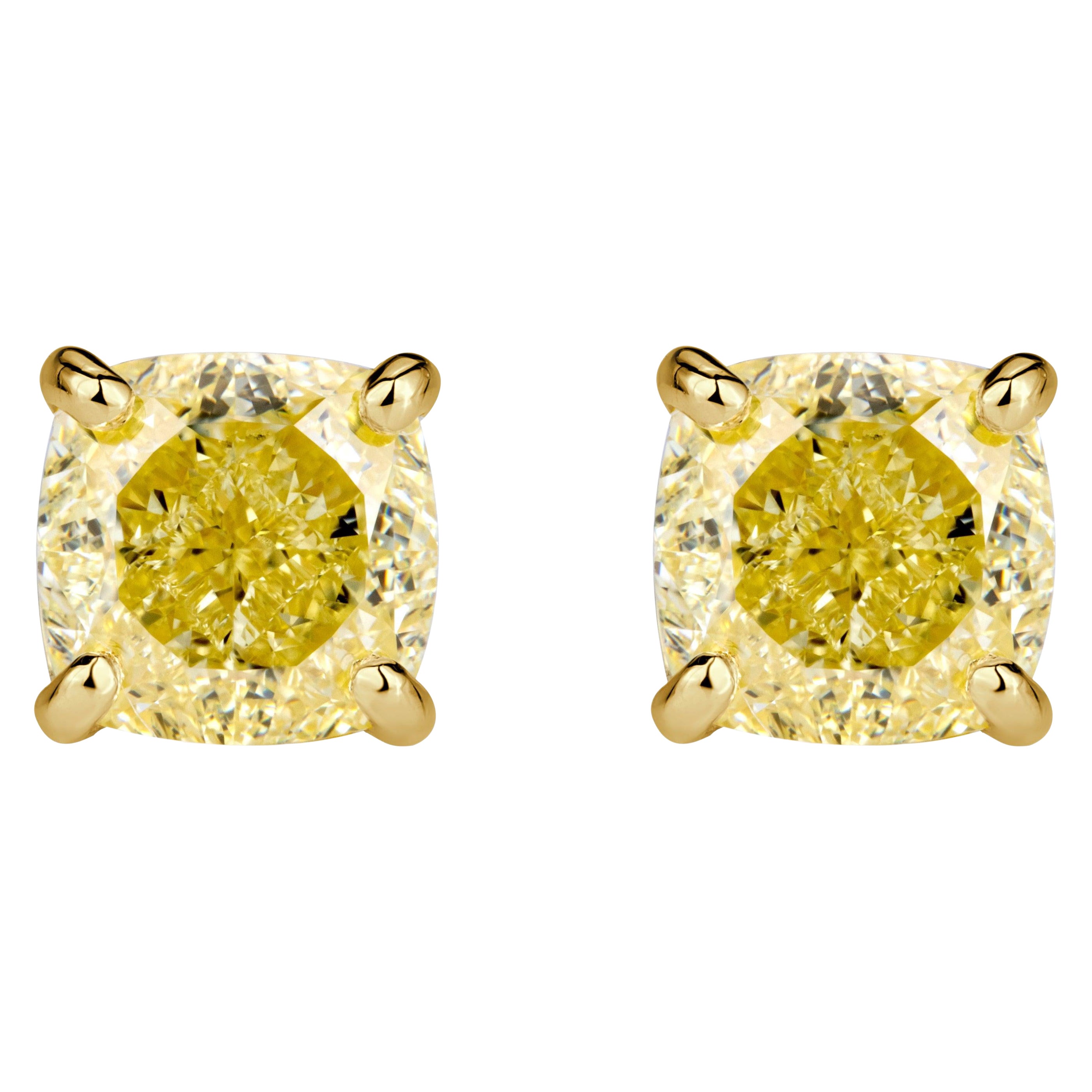 2.03ct Fancy Yellow Cushion Cut Diamond Stud Earrings im Angebot