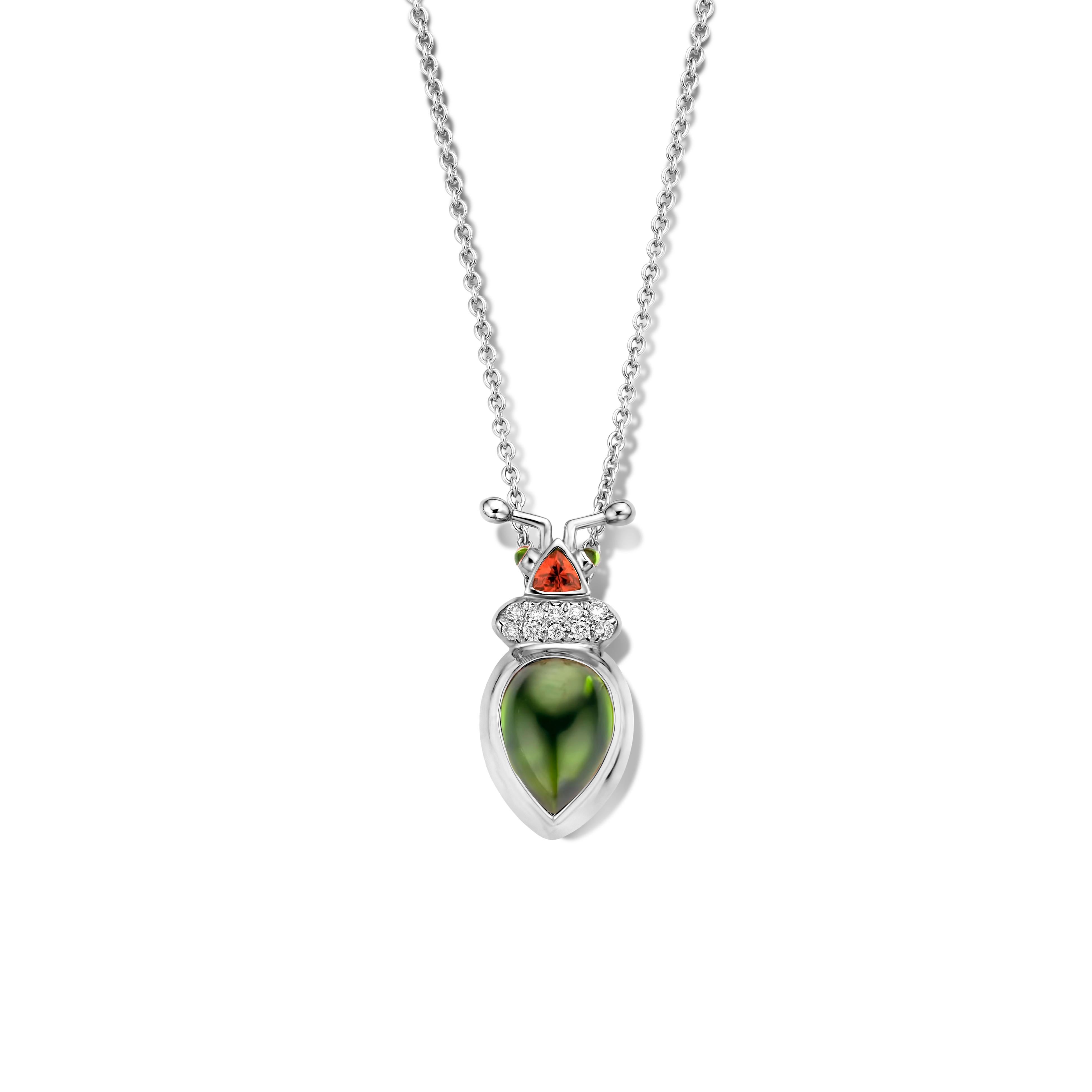 Contemporary 2.03ct Green Tourmaline and Garnet 18K Gold Diamond Pendant Necklace For Sale