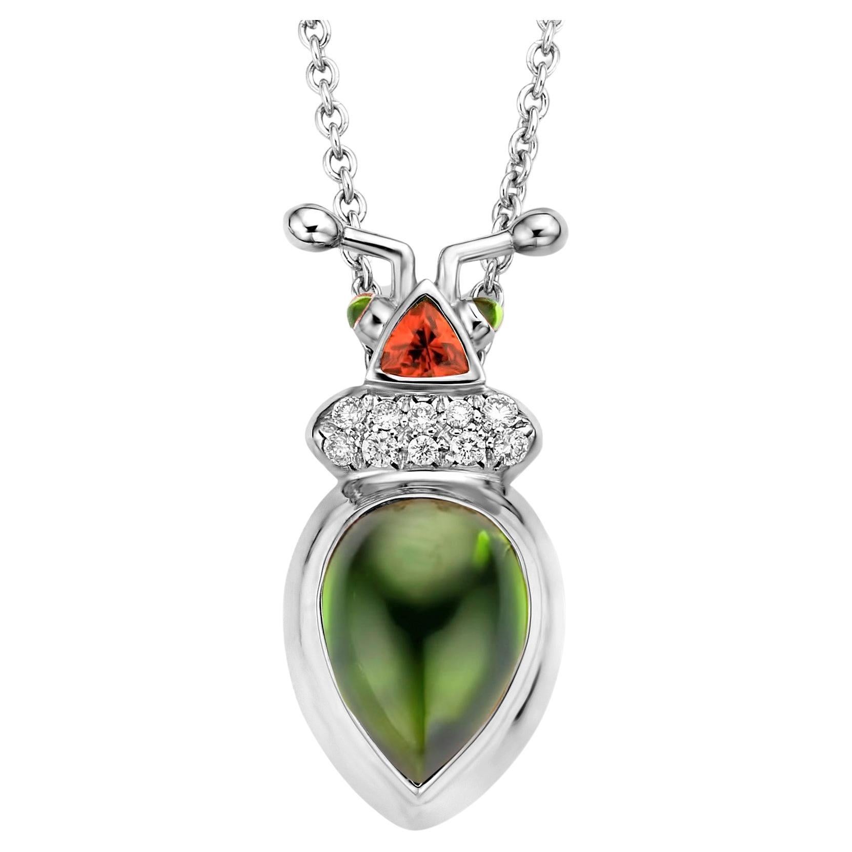 2.03ct Green Tourmaline and Garnet 18K Gold Diamond Pendant Necklace For Sale