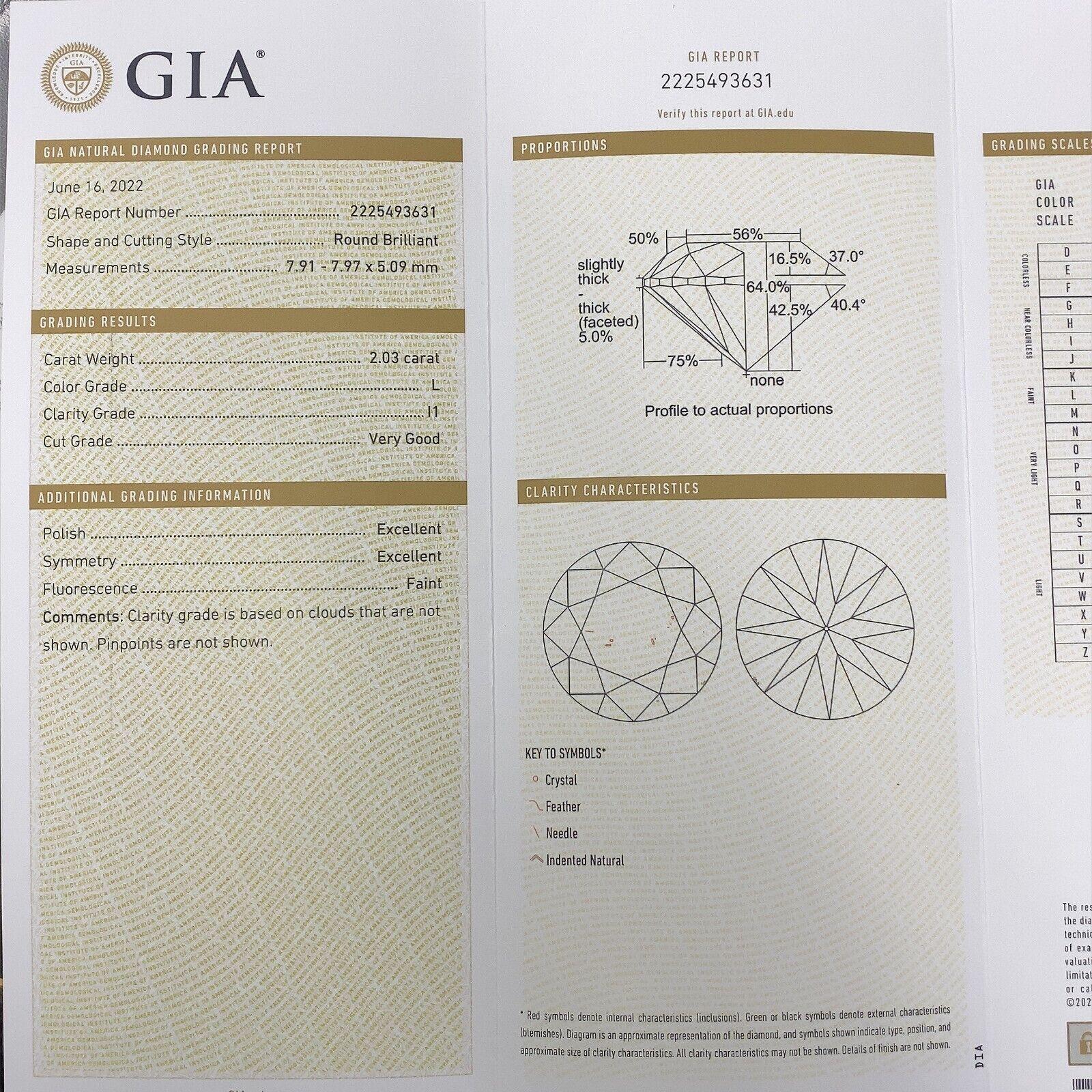 2.03ct L I1 GIA Certified Round Brilliant Cut Diamond Set in 18ct White Gold For Sale 1
