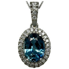 2.03ct Natural Vivid Teal Blue Sapphire & Diamond Platinum Halo Pendant Necklace