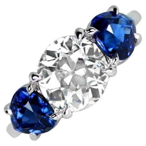 2.03 Carat Old Euro-cut Diamond Engagement Ring, Platinum, Sapphire Accents