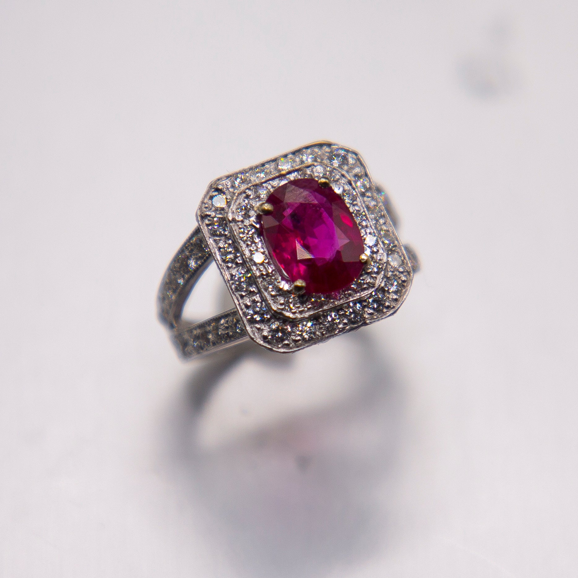 2.03ct. Oval Burma Ruby AGL Certified Fine Red/ 2.85cts. E Color Diamonds  For Sale