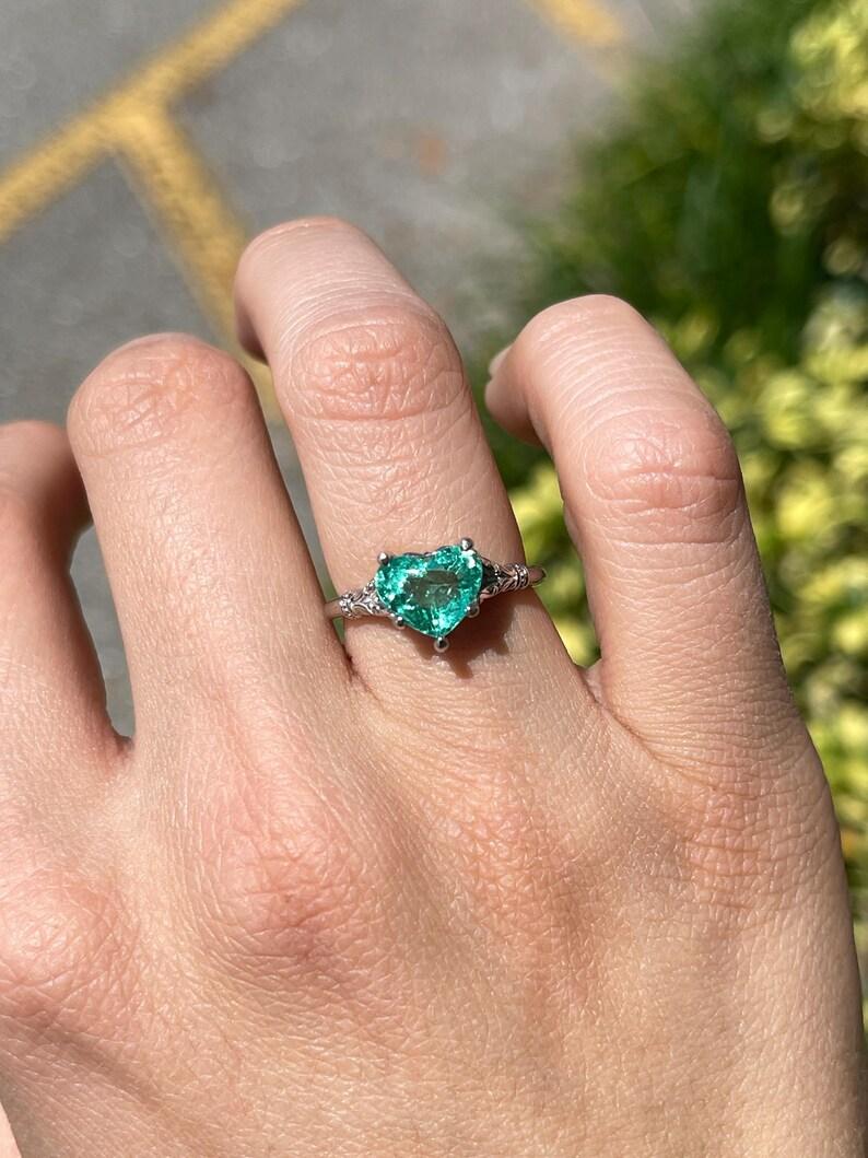Modern 2.03ct Platinum Heart Cut Emerald Solitaire Ring - Mint Green Floral Prong Set For Sale