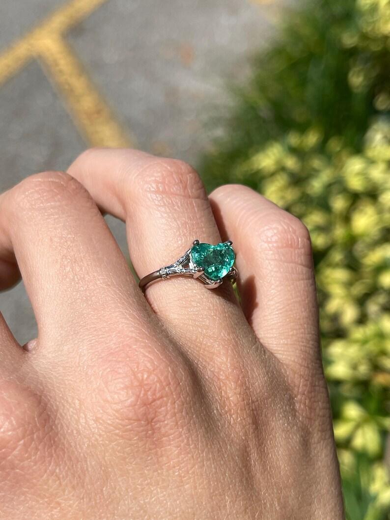 Emerald Cut 2.03ct Platinum Heart Cut Emerald Solitaire Ring - Mint Green Floral Prong Set For Sale