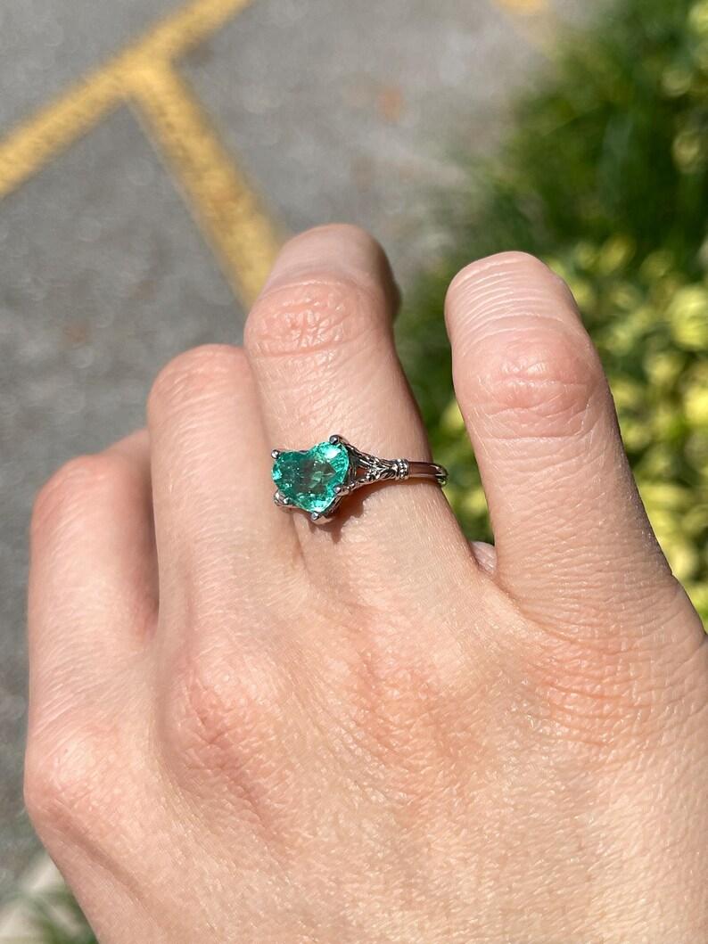 2.03ct Platinum Heart Cut Emerald Solitaire Ring - Mint Green Floral Prong Set In New Condition For Sale In Jupiter, FL