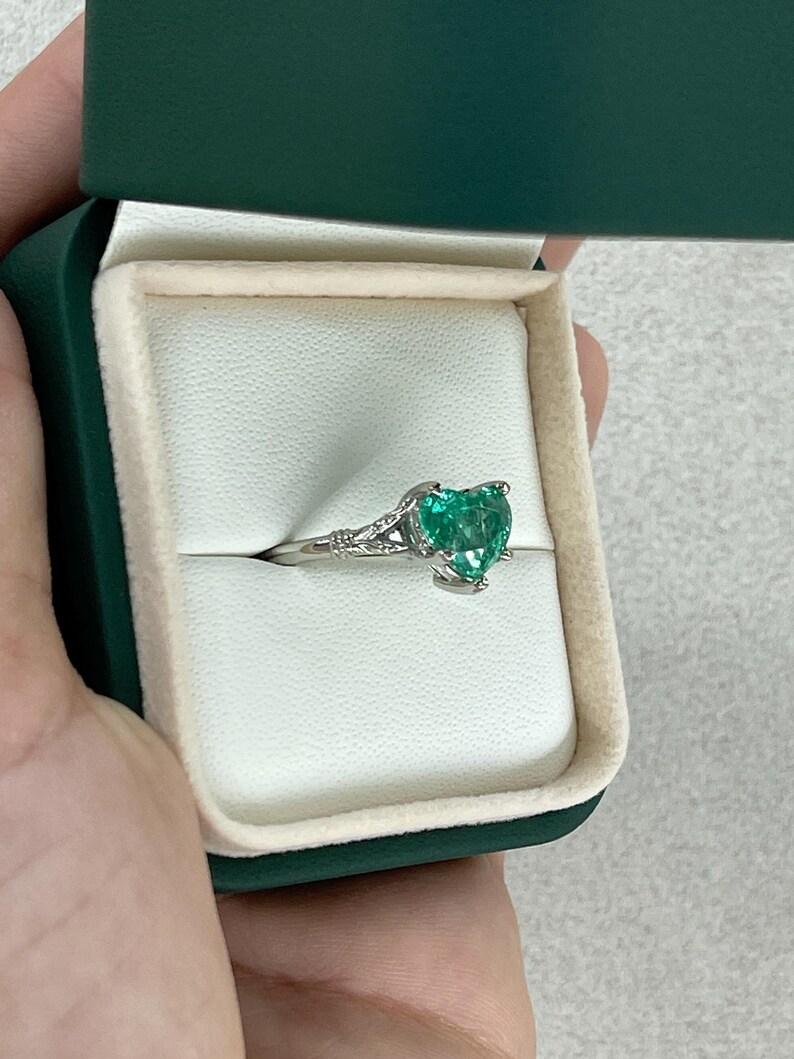 2.03ct Platinum Heart Cut Emerald Solitaire Ring - Mint Green Floral Prong Set For Sale 1
