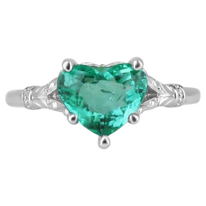 Anillo solitario esmeralda talla corazón de 2,03 ct en platino - Juego de garras florales verde menta