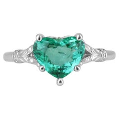 Anillo solitario esmeralda talla corazón de 2,03 ct en platino - Juego de garras florales verde menta