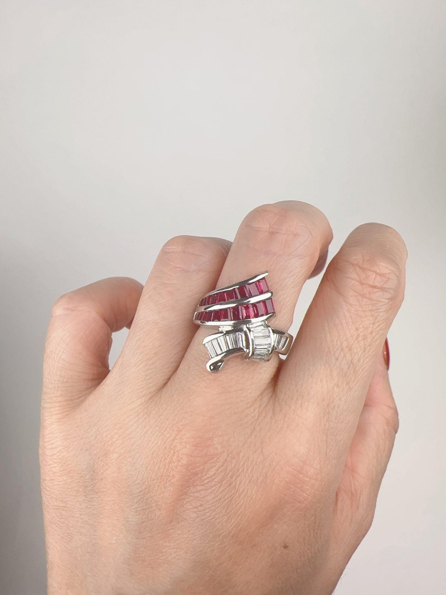 2,03ctw Rubí Baguette y Diamante Diseño Abstracto Anillo Platino Pesado 8,3g V1138 Corte baguette en venta