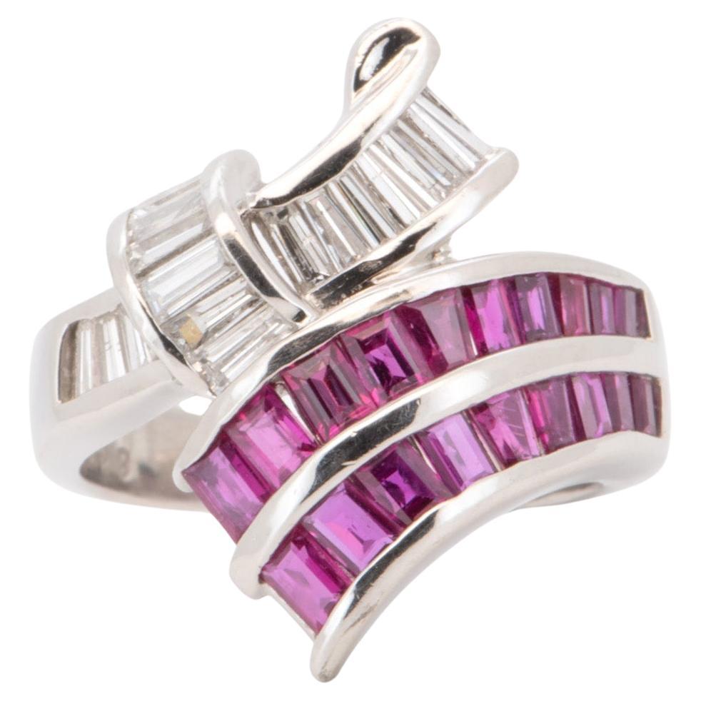 2,03ctw Rubí Baguette y Diamante Diseño Abstracto Anillo Platino Pesado 8,3g V1138 en venta