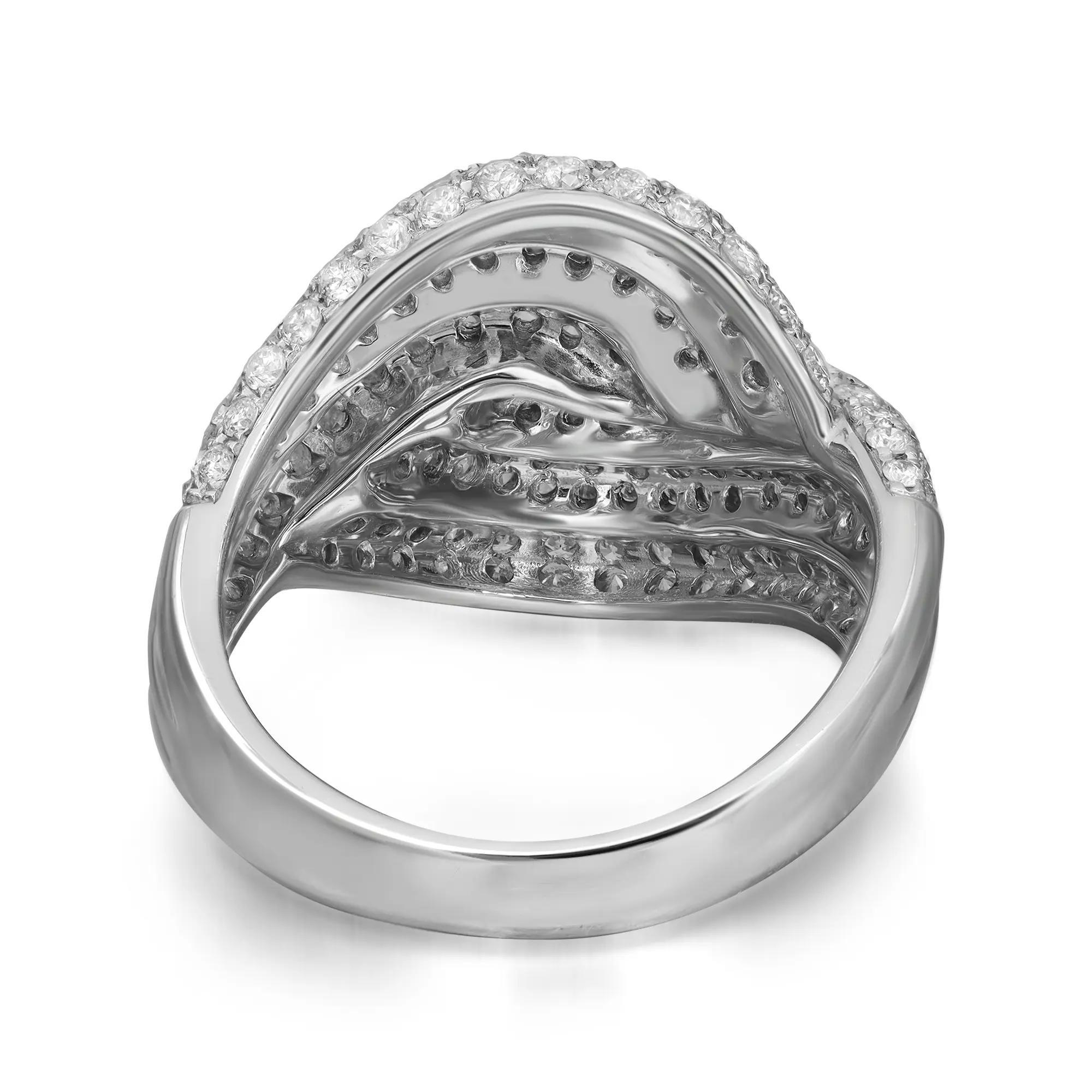 Bold and elegant diamond cocktail ring rendered in highly polished 14K white gold. 
This ring features sparkling round cut diamonds in prong setting totaling 2.03 carats.
Diamond quality: I color and SI clarity. Ring size: 7.5. Total weight: 7.00