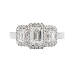 GIA Certified 2.04 Carat F/SI1 3-Stone Emerald Cut Halo Ring