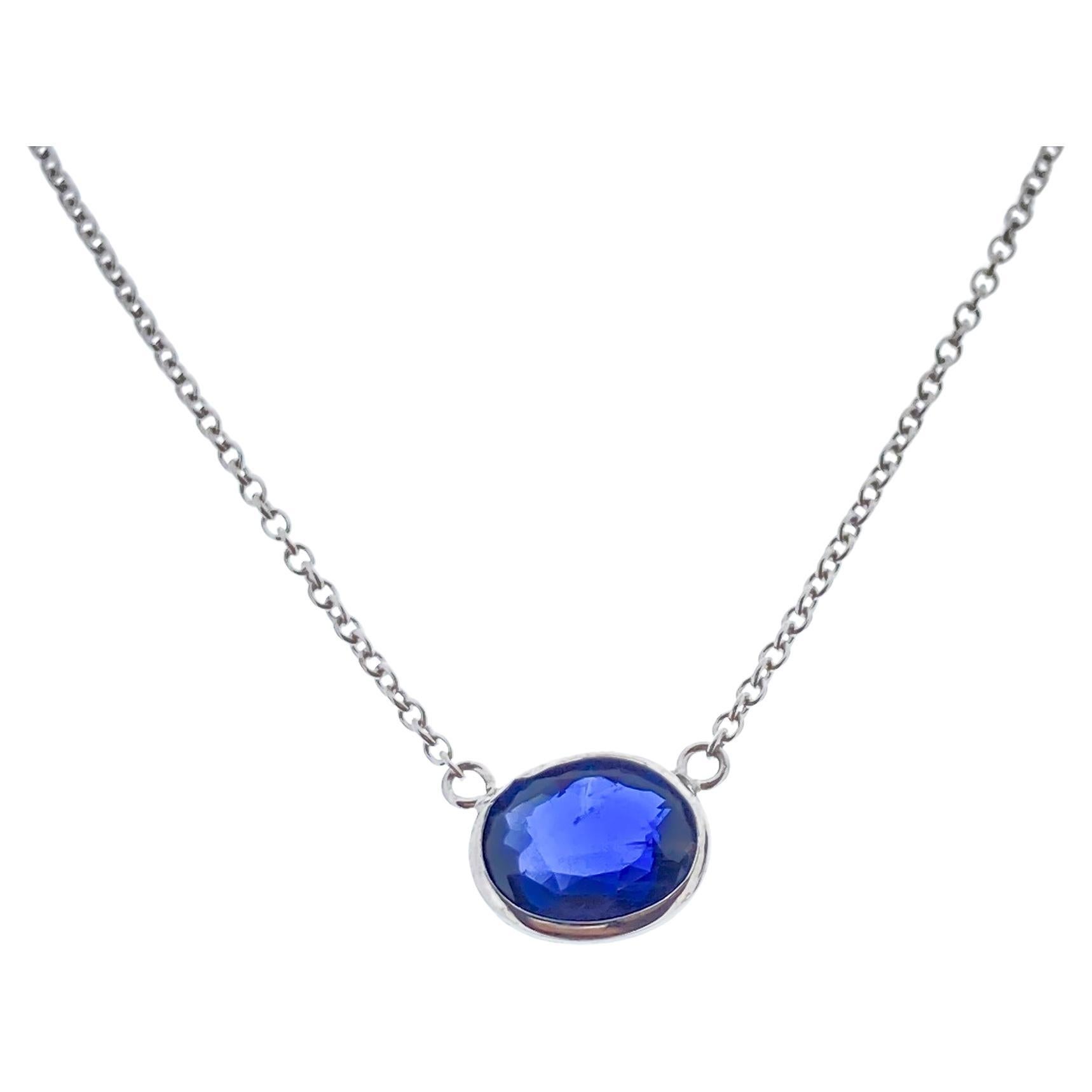 2.04 Carat Blue Oval Sapphire Fashion Necklaces In 14K White Gold  For Sale