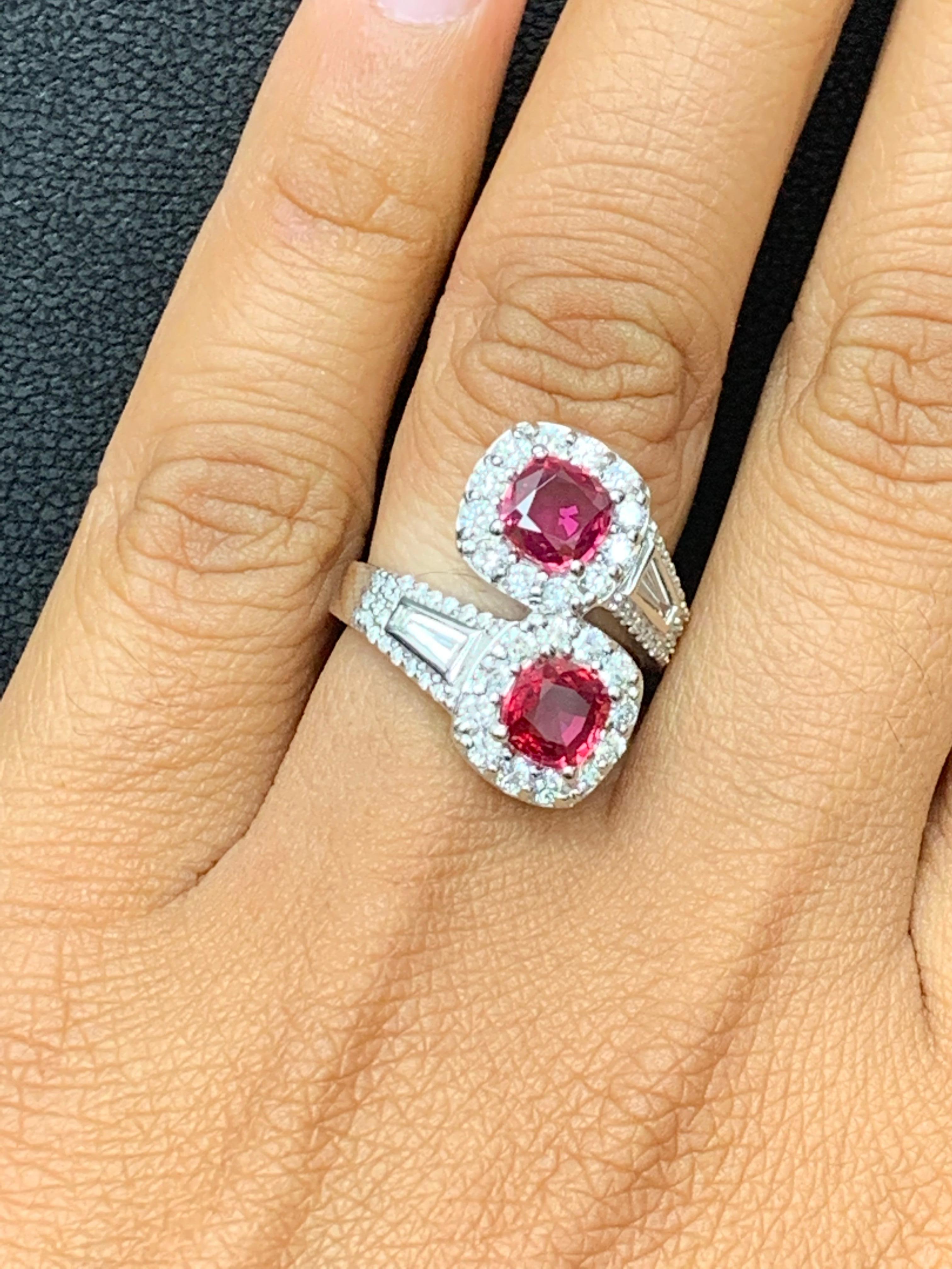 2.04 Carat Cushion Cut Ruby and Diamond Bypass Halo Ring in 14K White Gold For Sale 5