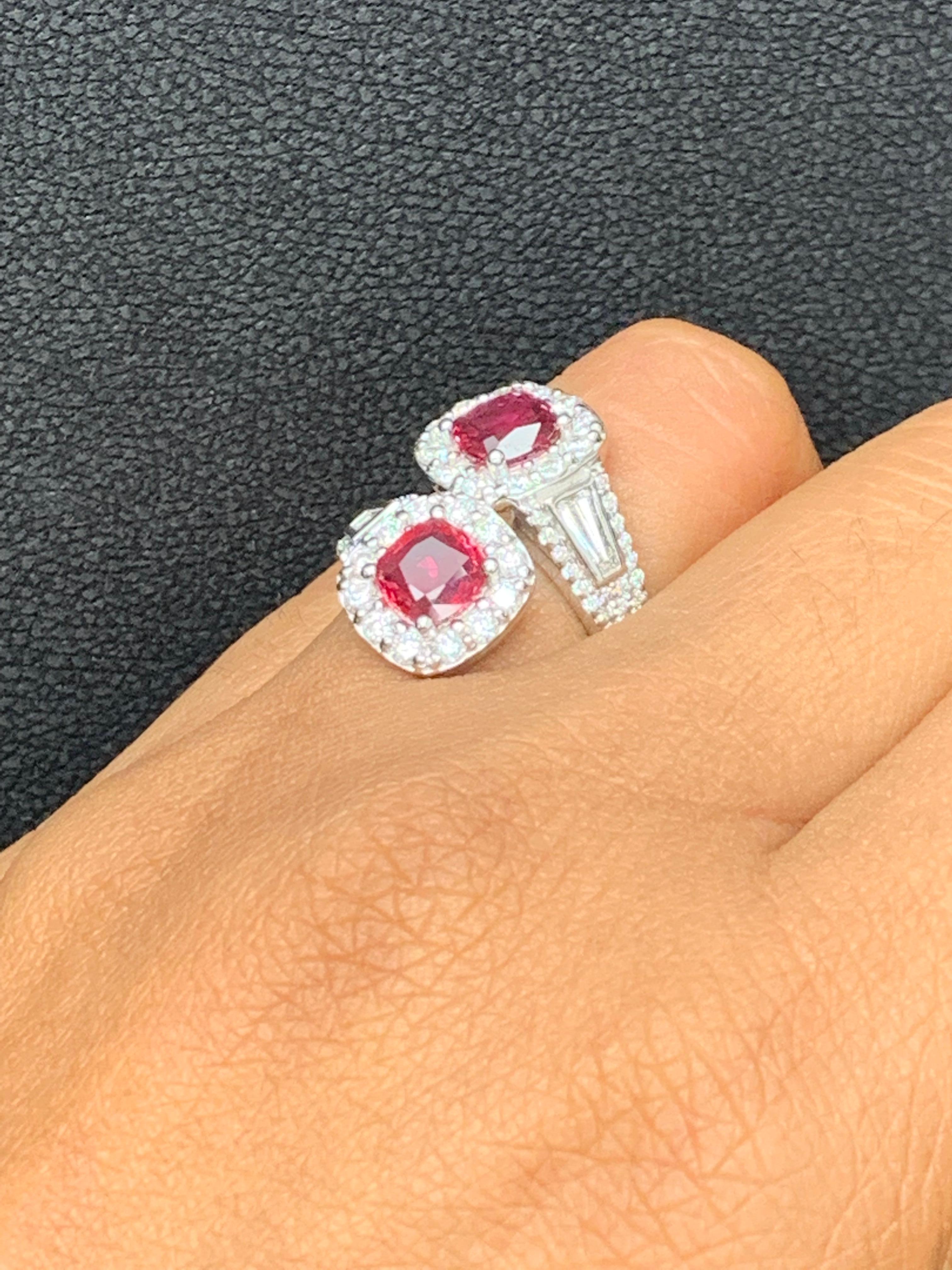 2.04 Carat Cushion Cut Ruby and Diamond Bypass Halo Ring in 14K White Gold For Sale 7