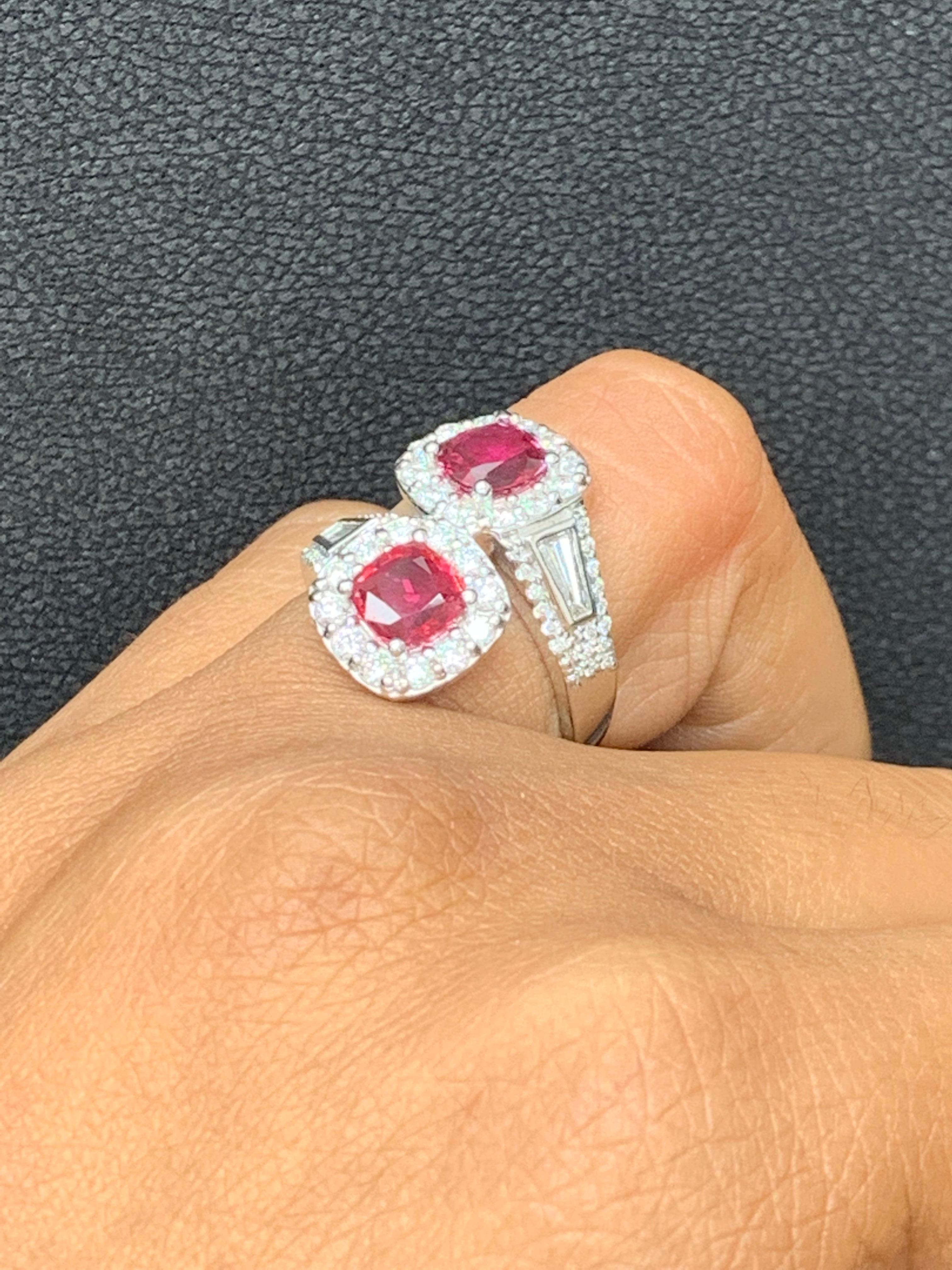 2.04 Carat Cushion Cut Ruby and Diamond Bypass Halo Ring in 14K White Gold For Sale 11