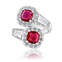 2.04 Carat Cushion Cut Ruby and Diamond Bypass Halo Ring in 14K White Gold