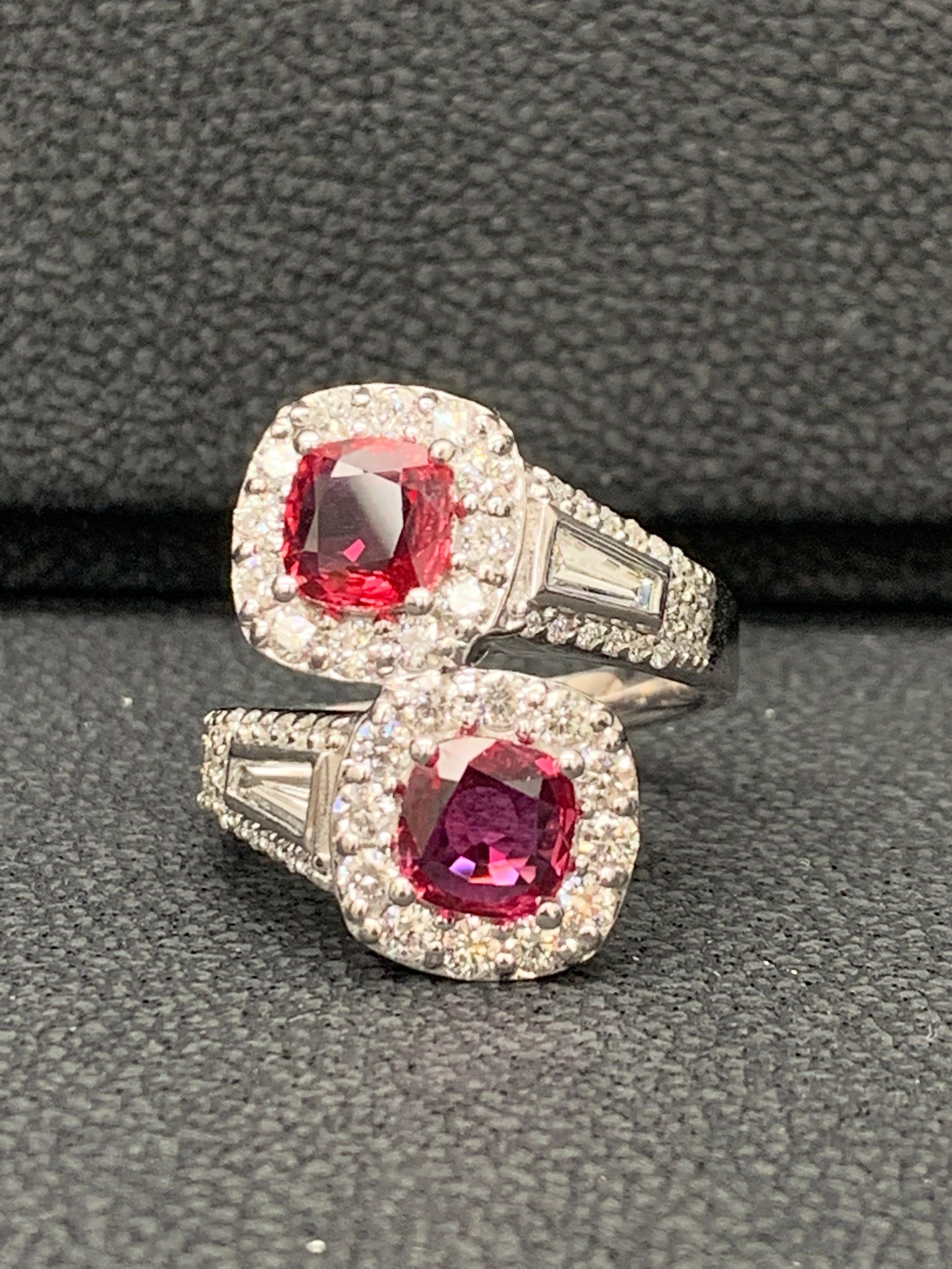 Modern 2.04 Carat Cushion Cut Ruby and Diamond Bypass Halo Ring in 14K White Gold For Sale