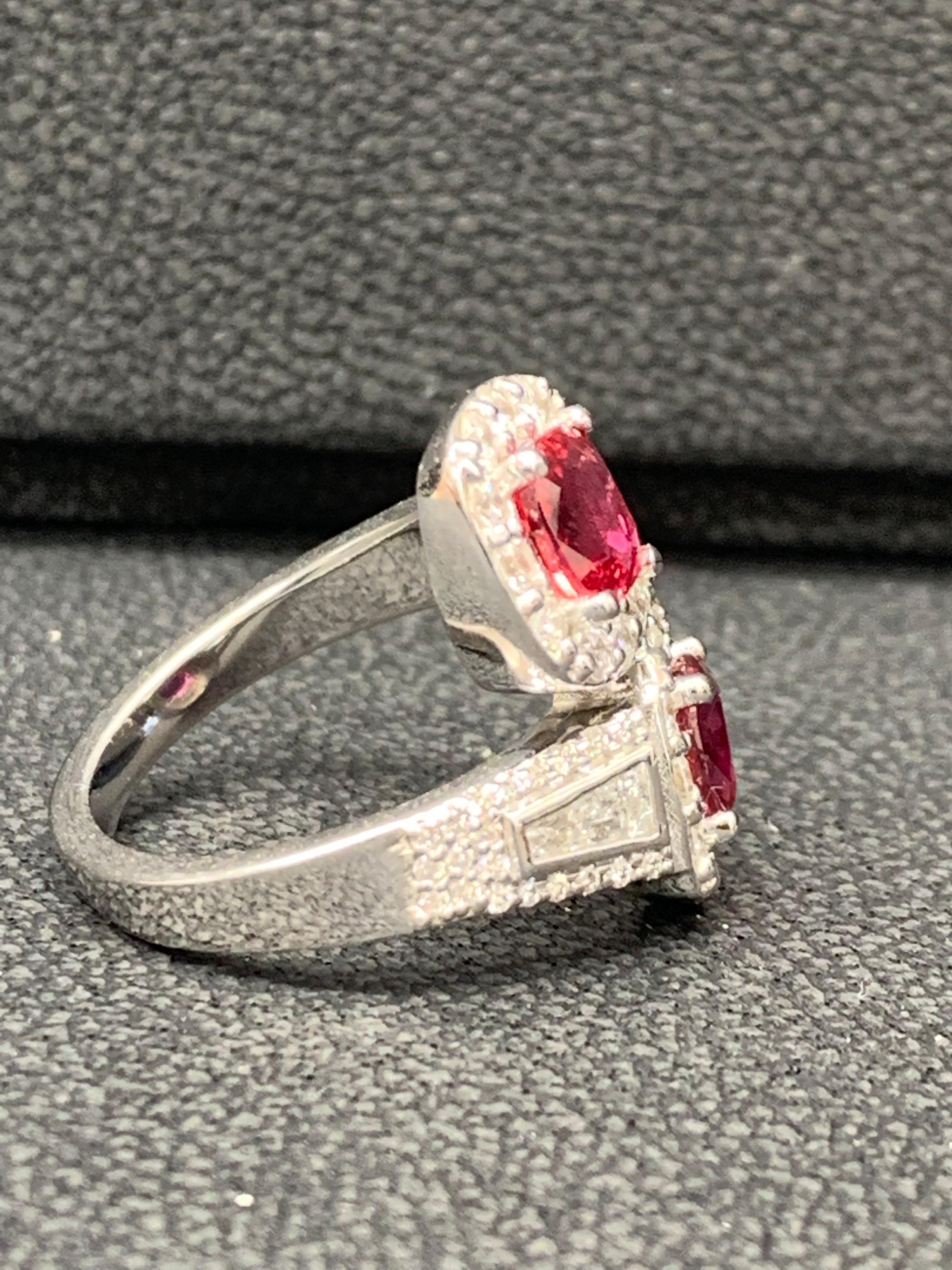 2.04 Carat Cushion Cut Ruby and Diamond Bypass Halo Ring in 14K White Gold For Sale 2