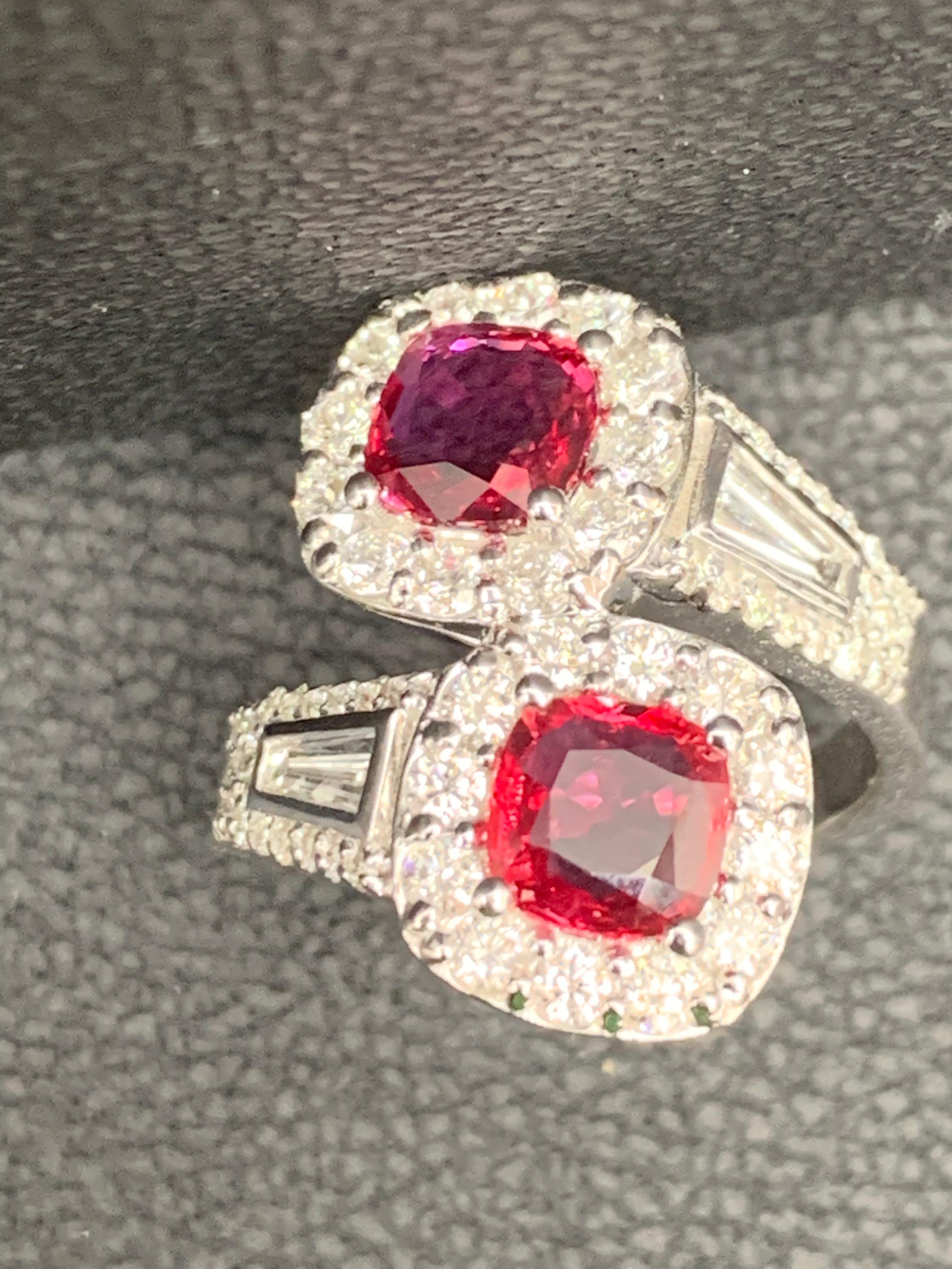 2.04 Carat Cushion Cut Ruby and Diamond Bypass Halo Ring in 14K White Gold For Sale 3