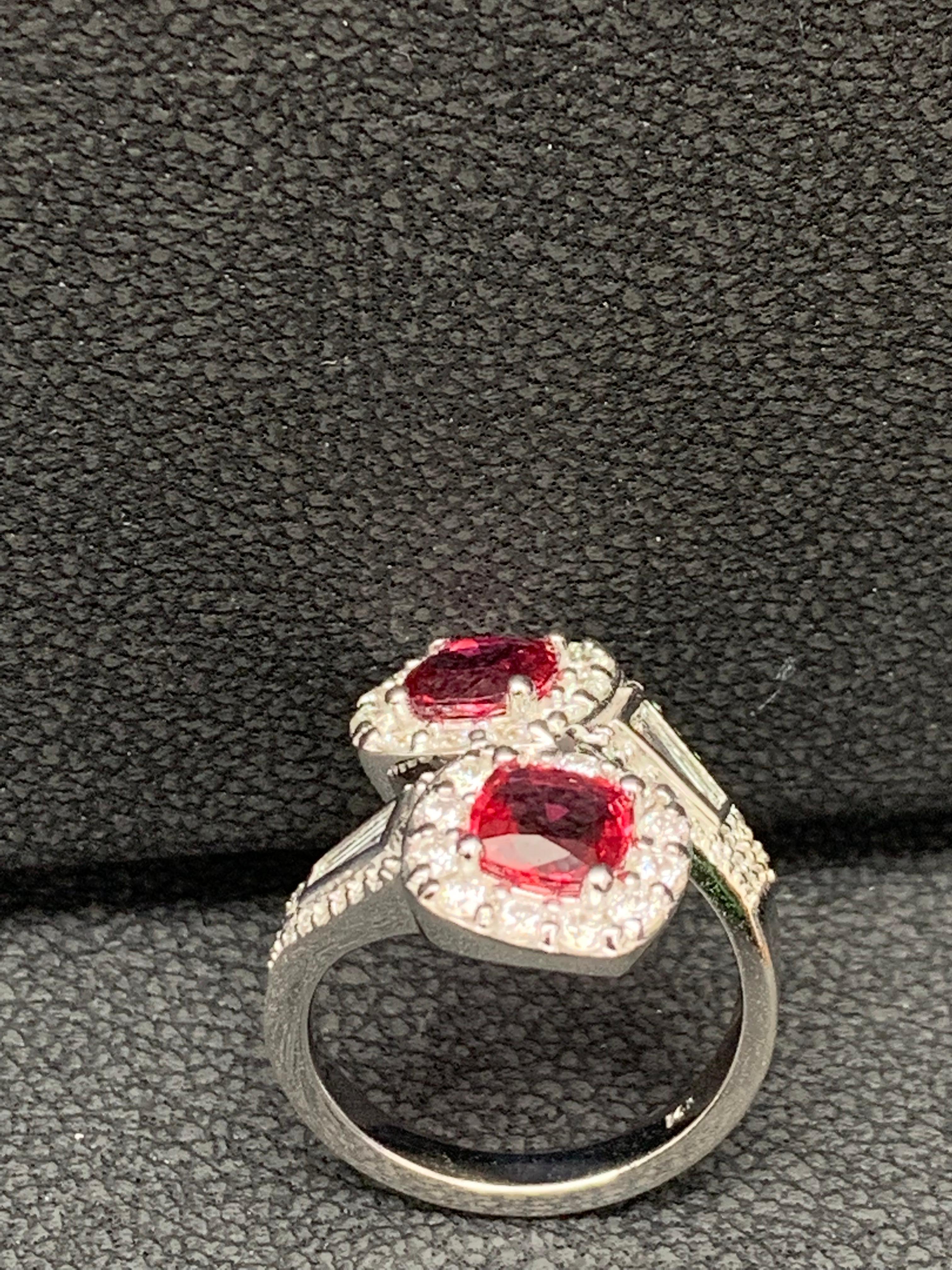 2.04 Carat Cushion Cut Ruby and Diamond Bypass Halo Ring in 14K White Gold For Sale 4