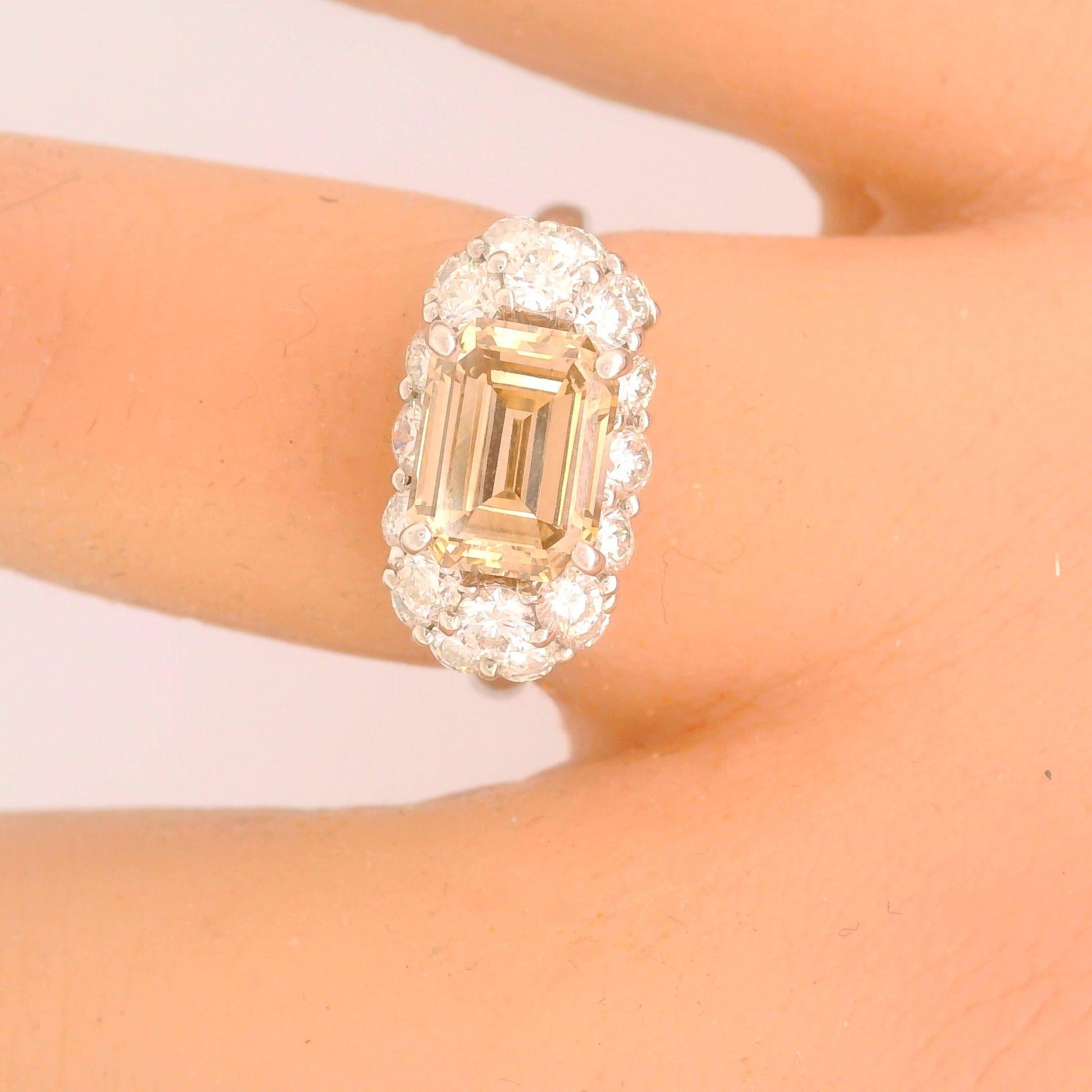2.04 Carat Emerald-cut Fancy-Brown Diamond & Diamond Platinum Ring In New Condition In Beverly Hills, CA