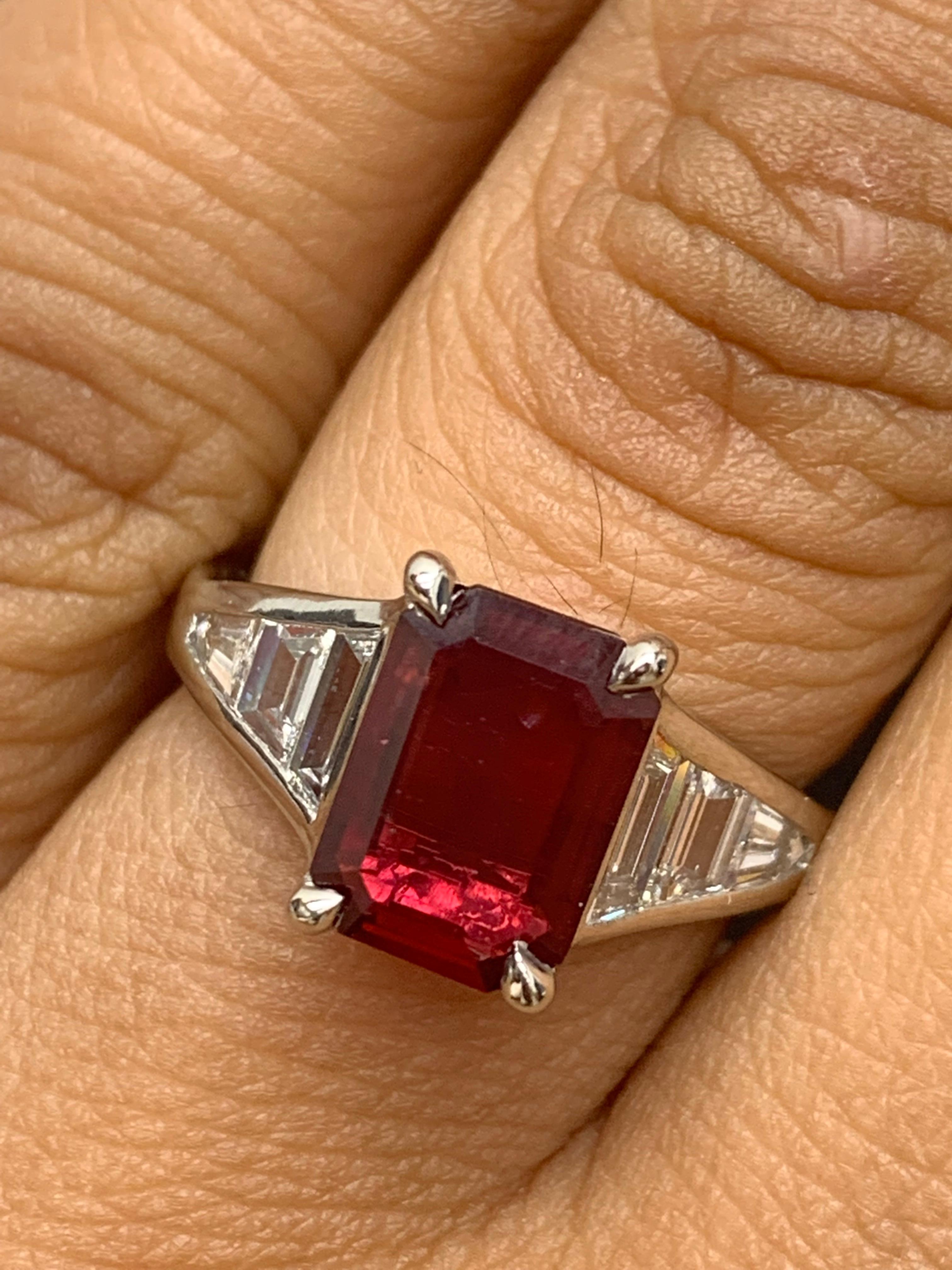 2.04 Carat Emerald Cut Ruby and Diamond Engagement Ring in Platinum For Sale 3