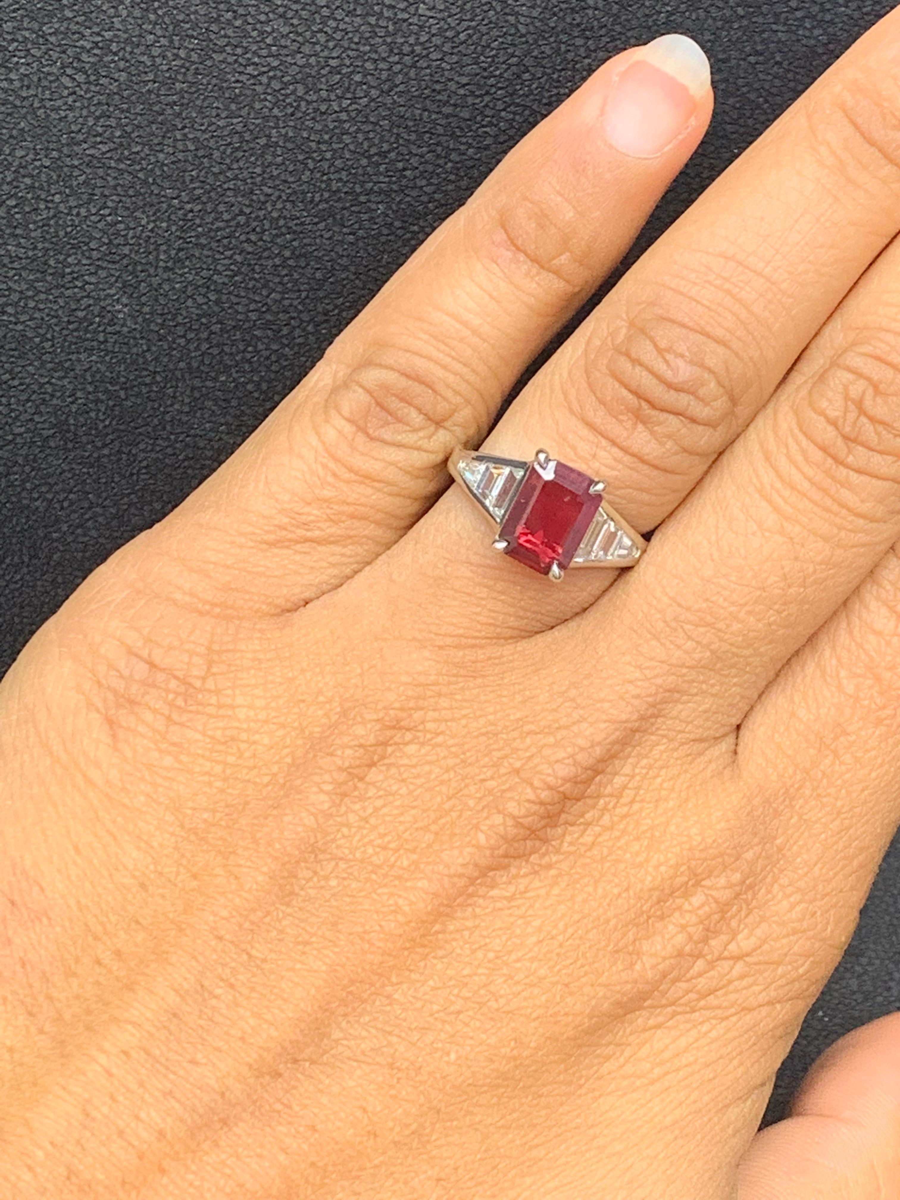 2.04 Carat Emerald Cut Ruby and Diamond Engagement Ring in Platinum For Sale 4