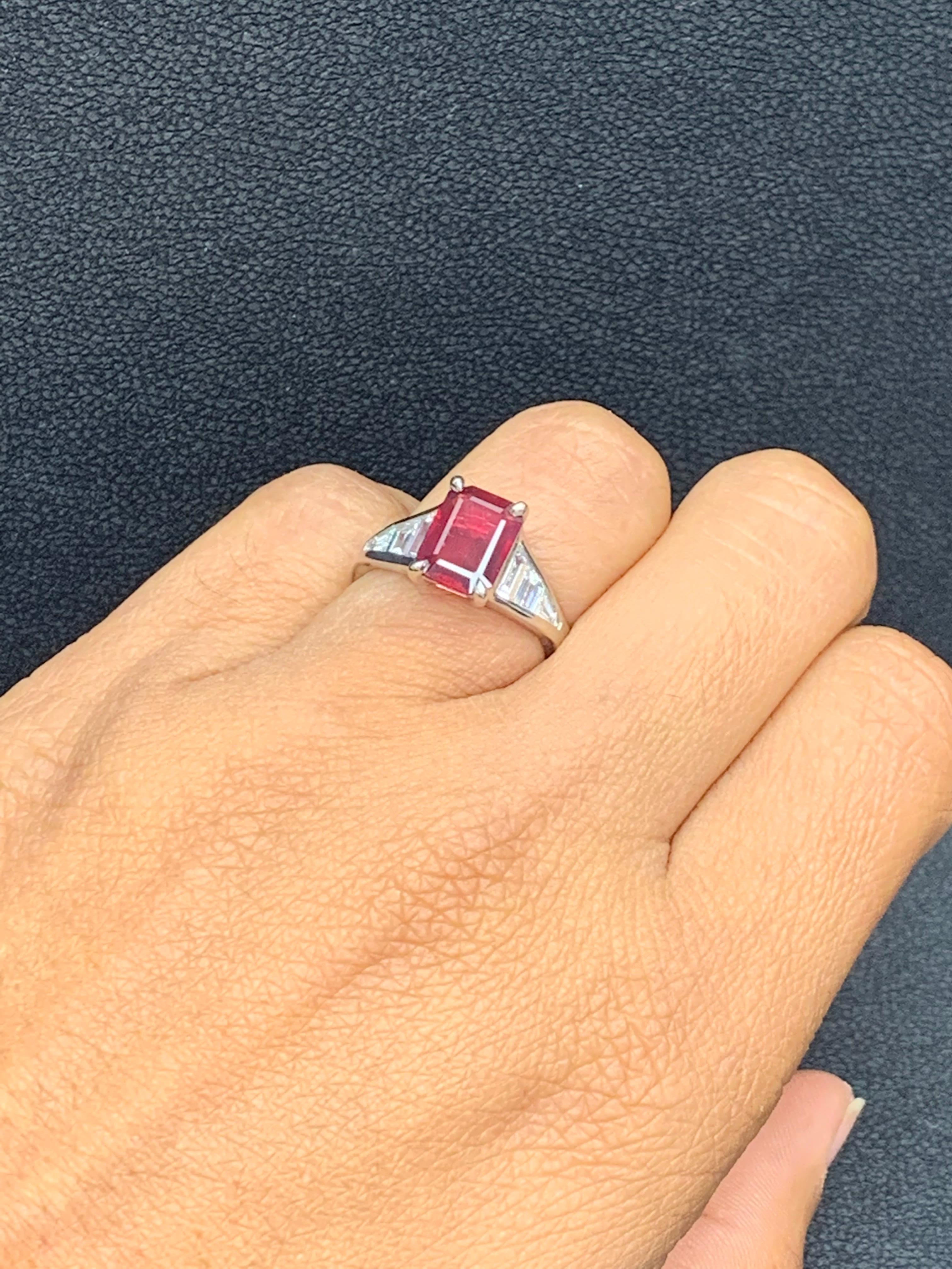 2.04 Carat Emerald Cut Ruby and Diamond Engagement Ring in Platinum For Sale 6