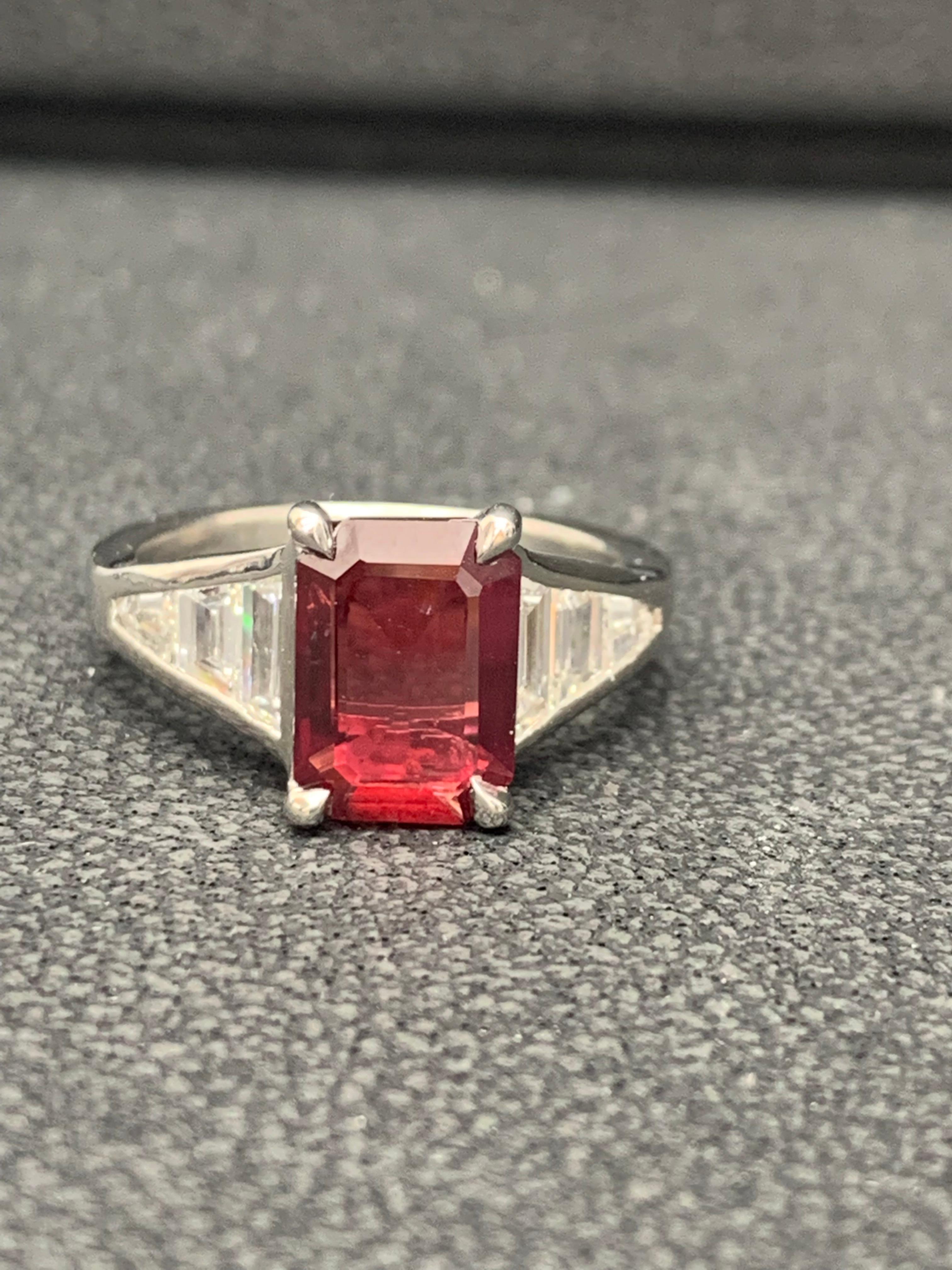 2.04 Carat Emerald Cut Ruby and Diamond Engagement Ring in Platinum For Sale 7