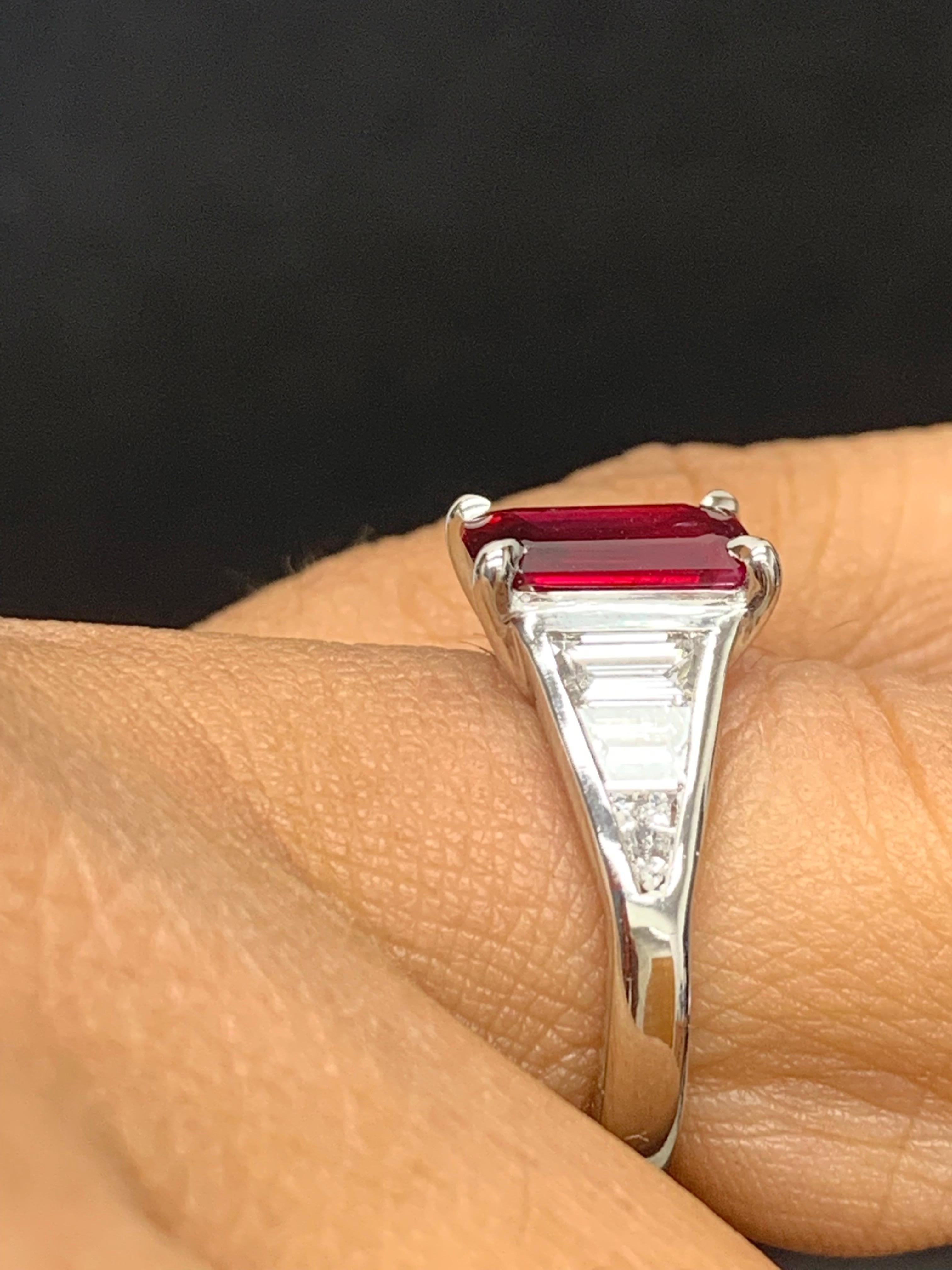Modern 2.04 Carat Emerald Cut Ruby and Diamond Engagement Ring in Platinum For Sale