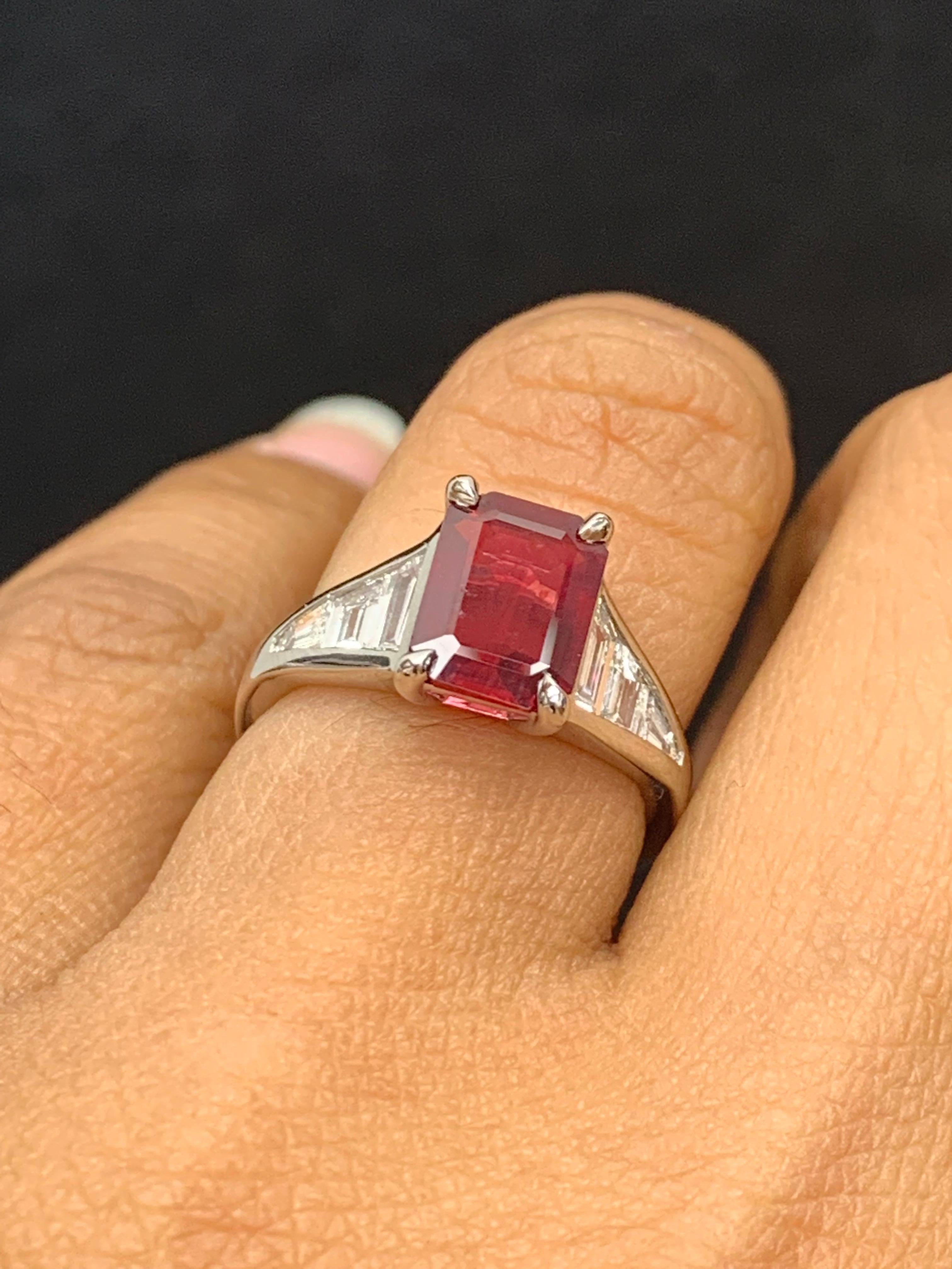 2.04 Carat Emerald Cut Ruby and Diamond Engagement Ring in Platinum For Sale 1