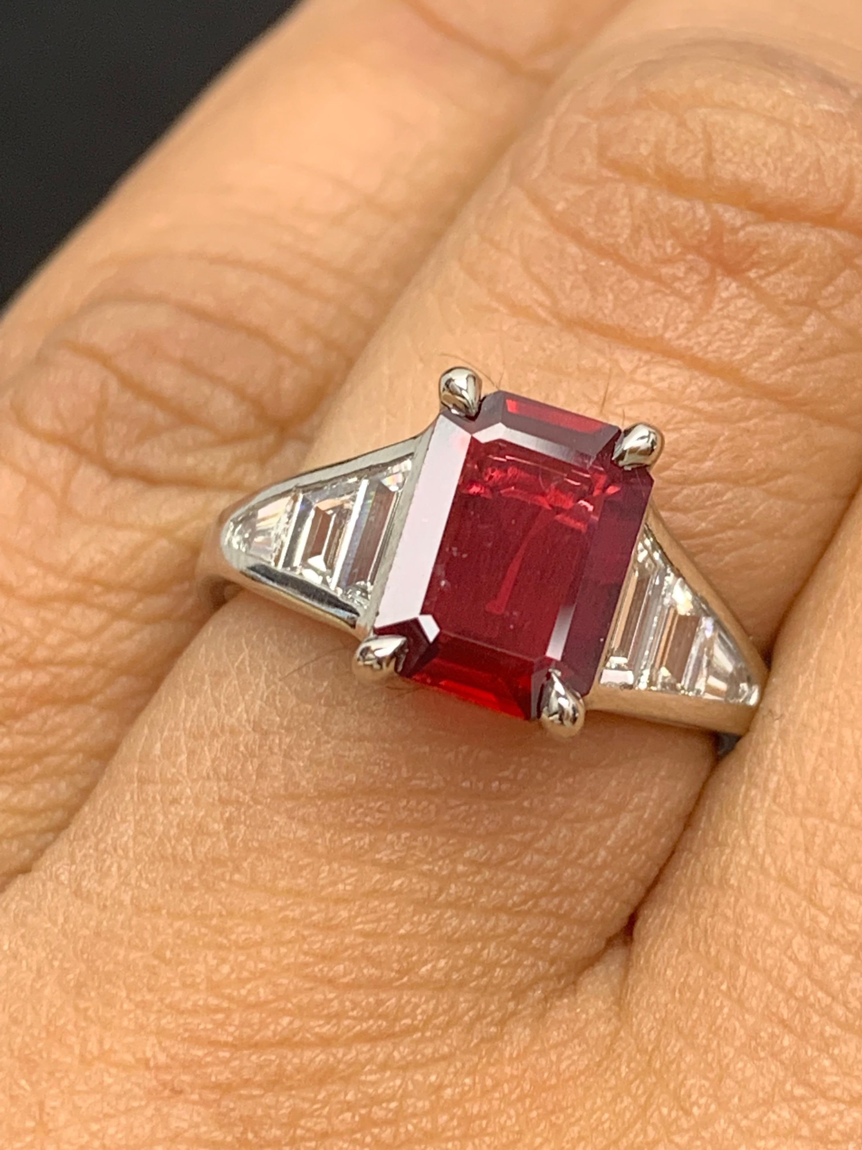 2.04 Carat Emerald Cut Ruby and Diamond Engagement Ring in Platinum For Sale 2