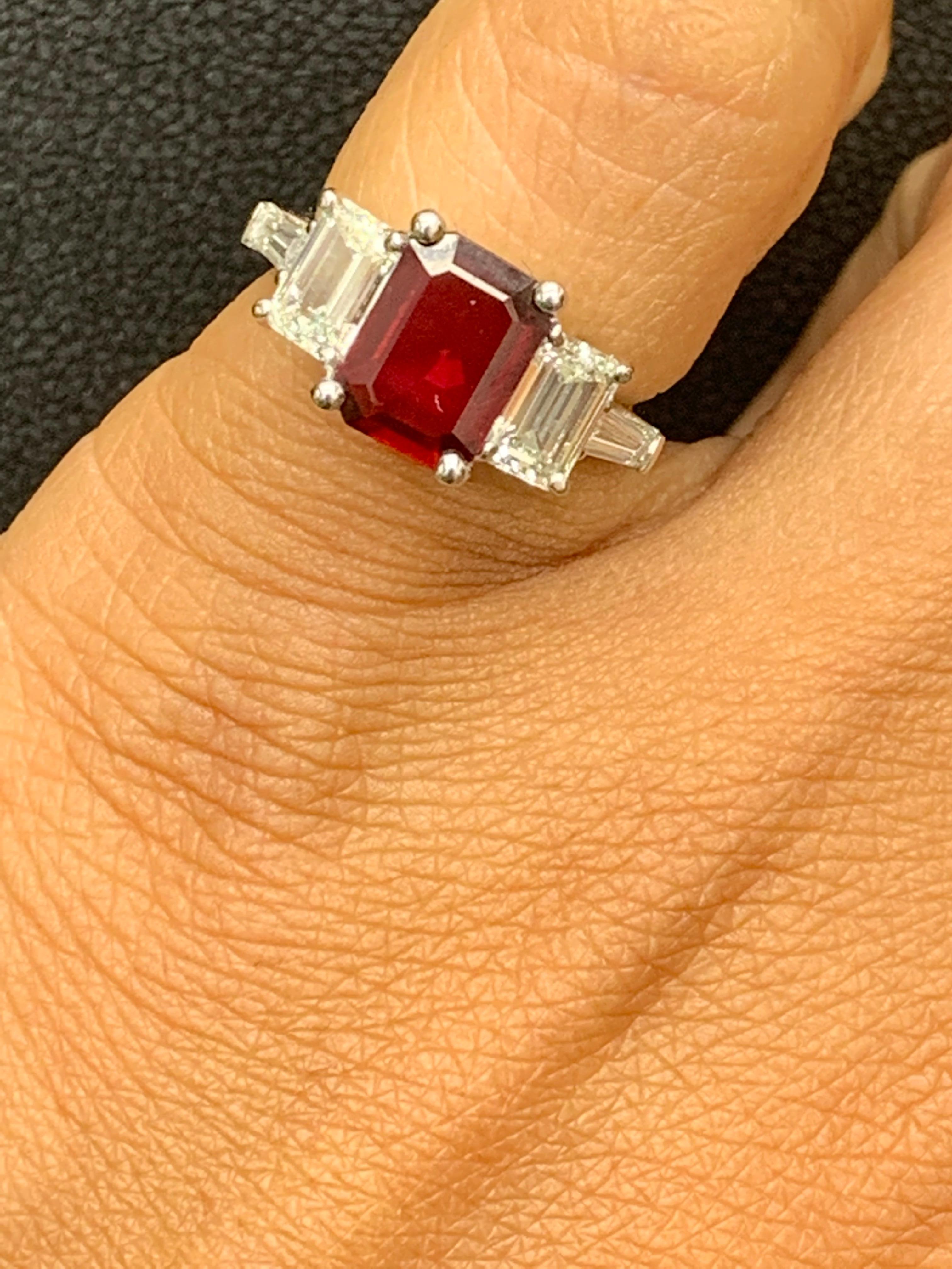 2.04 Carat Emerald Cut Ruby and Diamond Five-Stone Engagement Ring For Sale 4