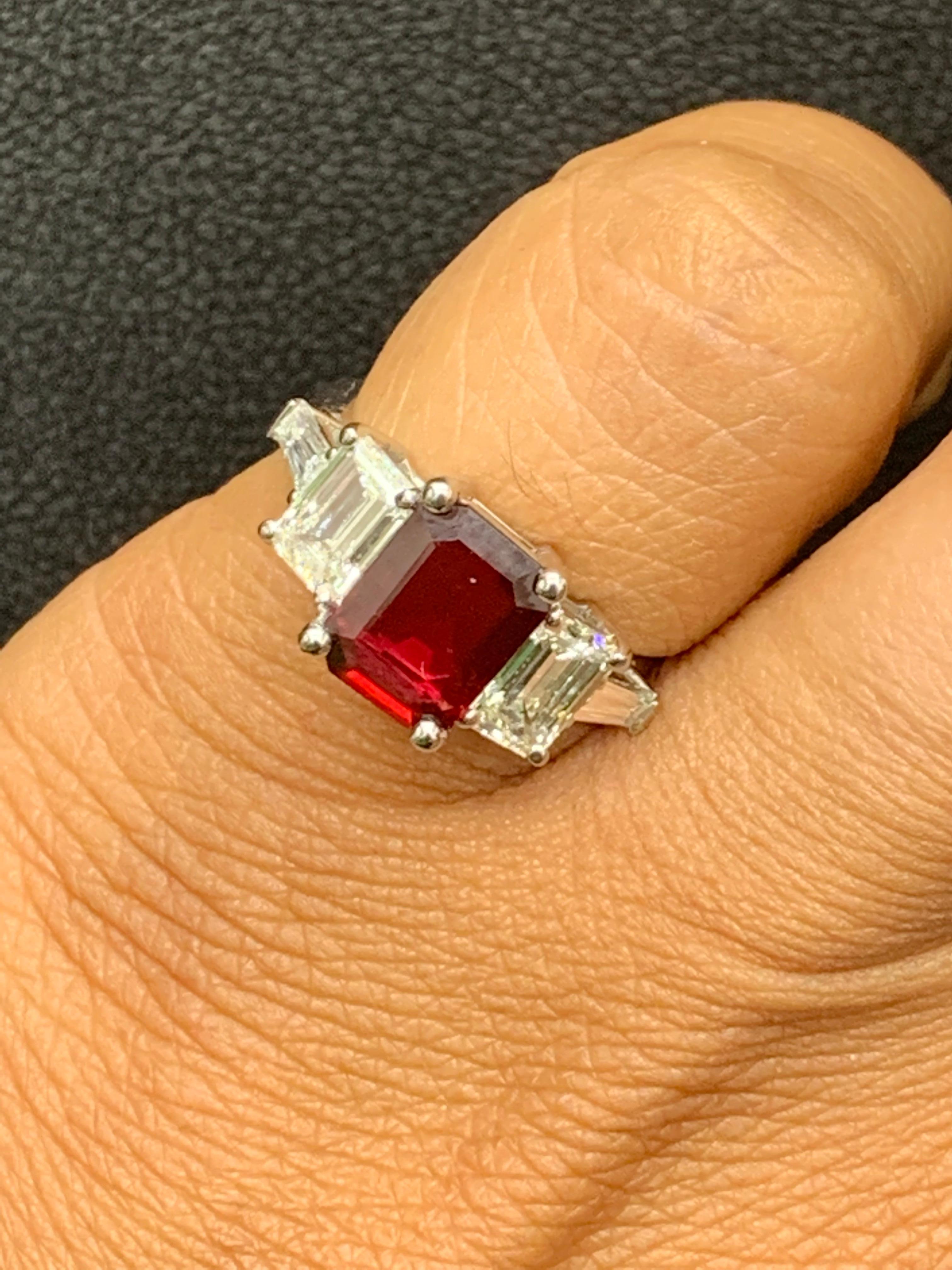 Women's 2.04 Carat Emerald Cut Ruby and Diamond Five-Stone Engagement Ring For Sale