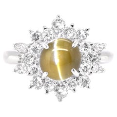 2.04 Carat Natural Cat's Eye Chrysoberyl and Diamond Ring Set in Platinum