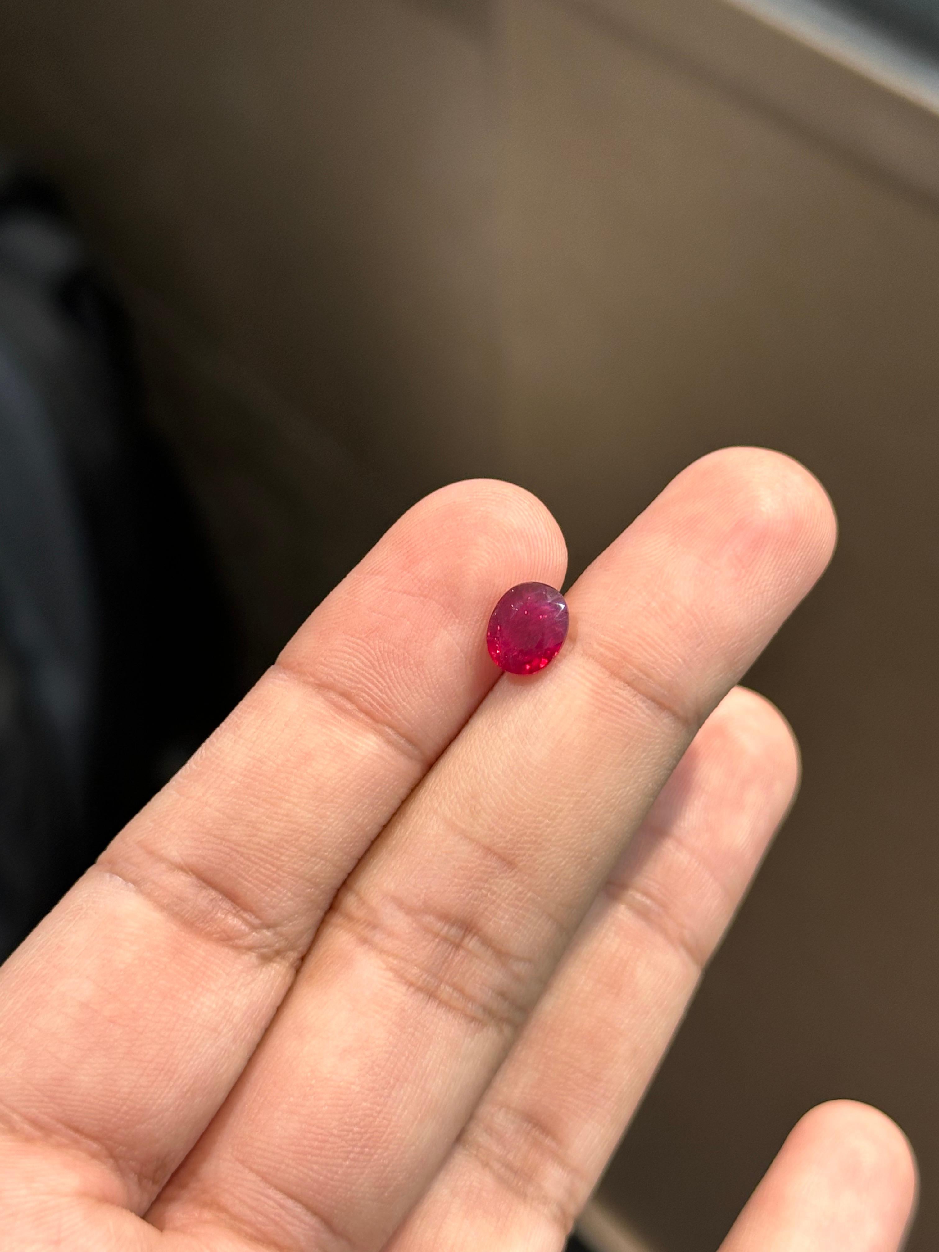 A gorgeous 2.04 Carat Ruby gemstone. It is completely natural and of good quality. The ruby has an oval shape and its color is a deep, pigeon blood red hue that is absolutely stunning. This Ruby gemstone originates from Mozambique and has not